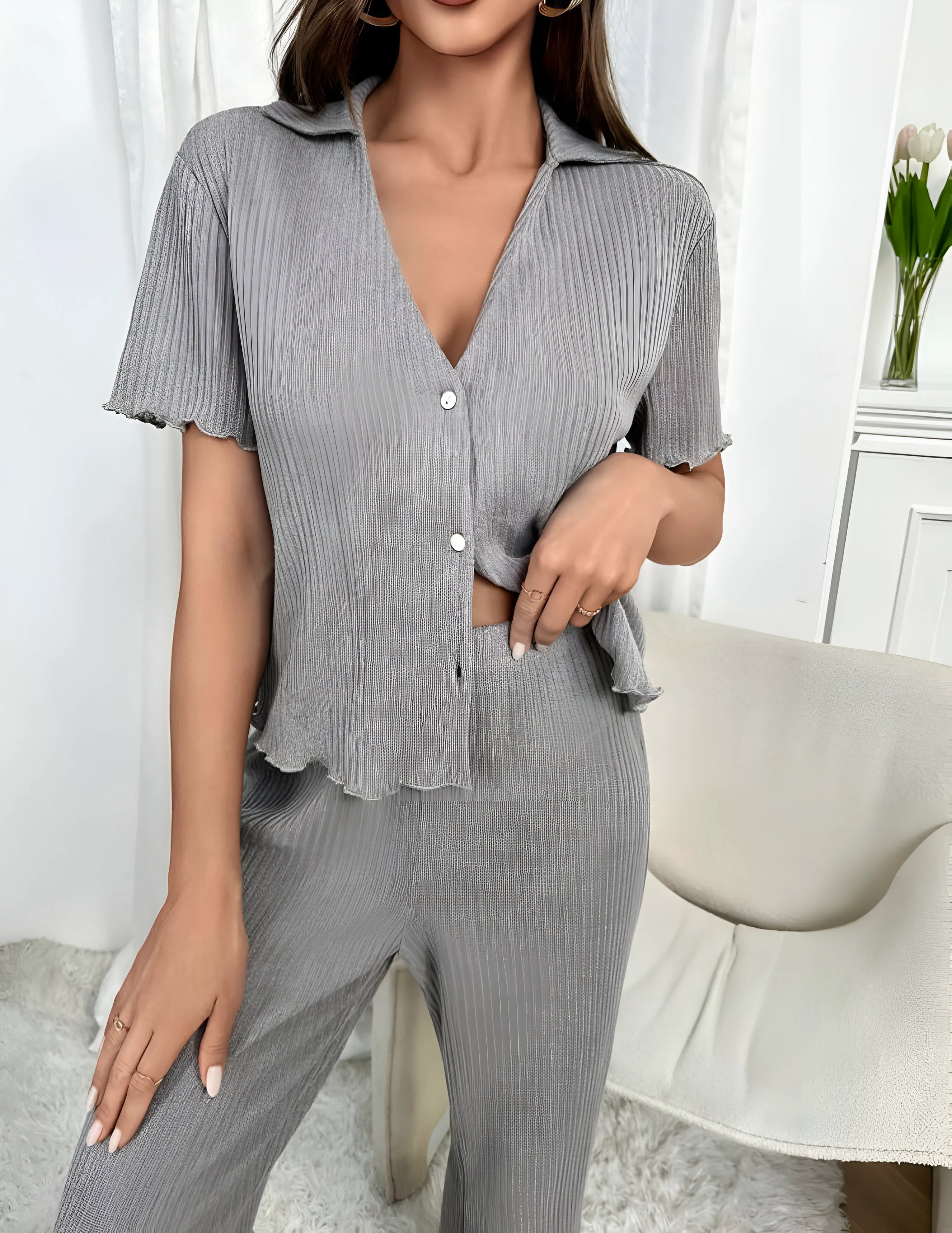 2 Piece Buttoned Short Sleeve Top and Wide Leg Pants