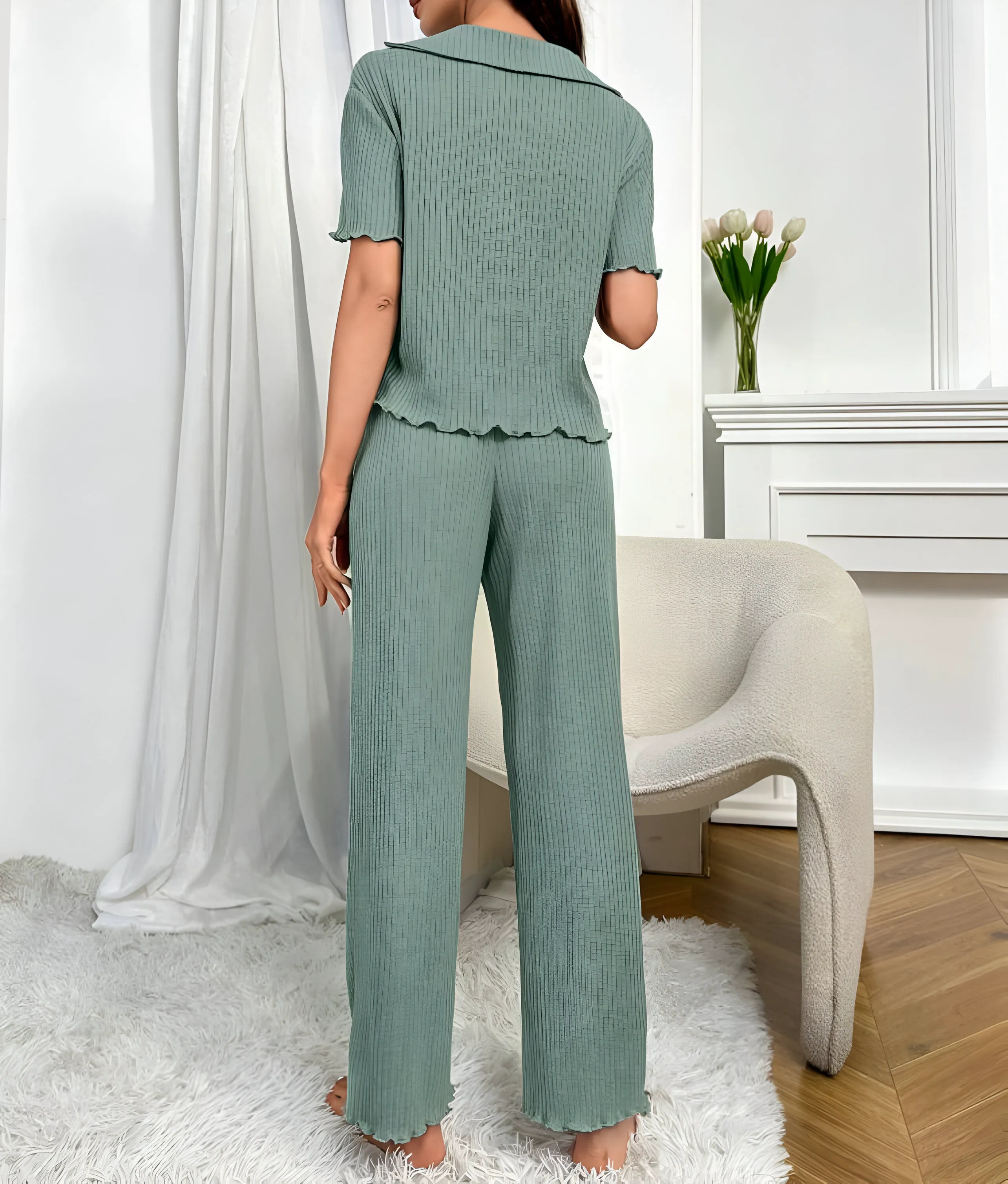 2 Piece Buttoned Short Sleeve Top and Wide Leg Pants