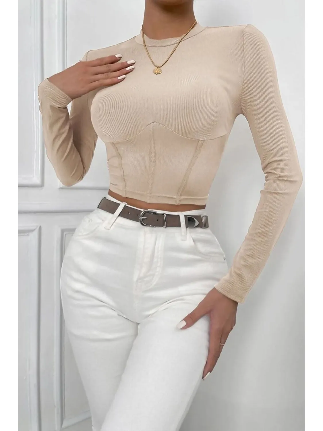 Beige Ribbed Long Sleeve Crop  Top