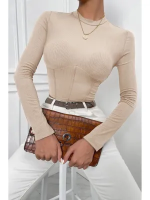 Beige Ribbed Long Sleeve Crop  Top