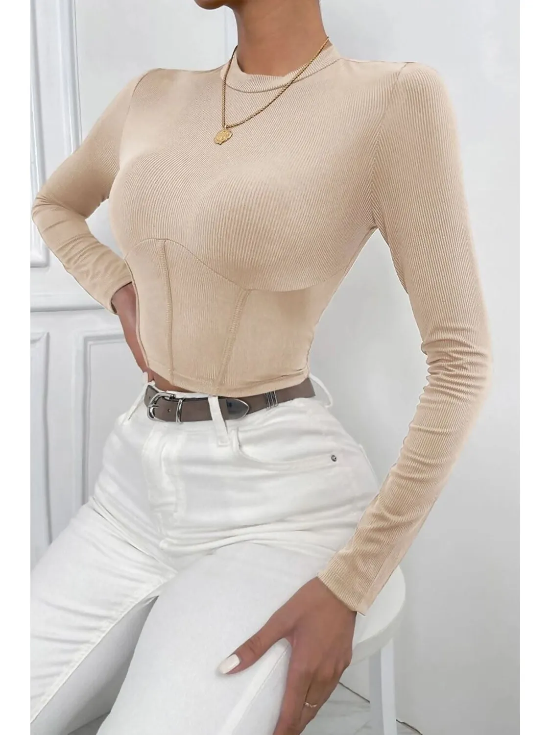 Beige Ribbed Long Sleeve Crop  Top