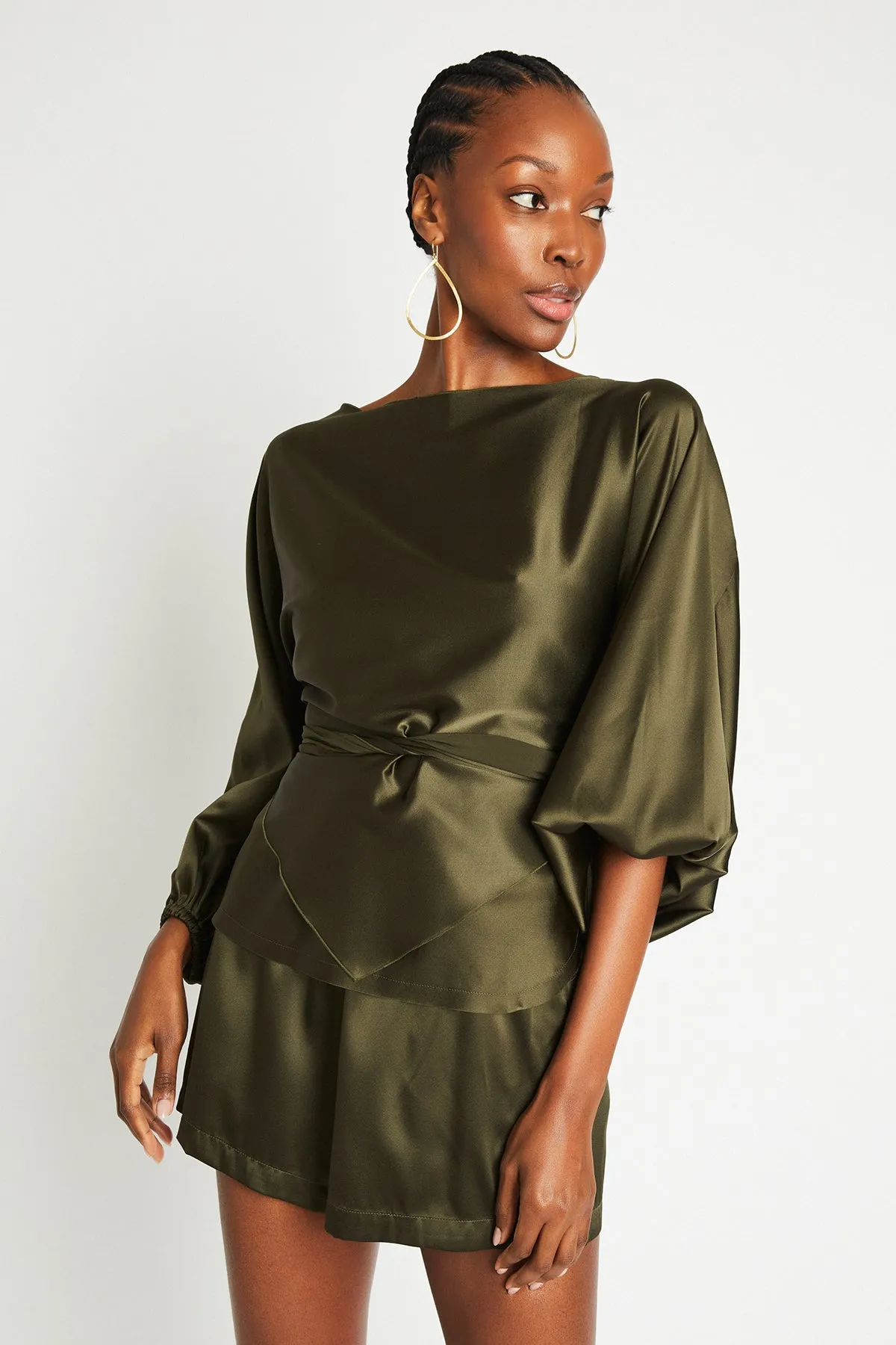   Beryll Ali Silk Wrap Top | Olive