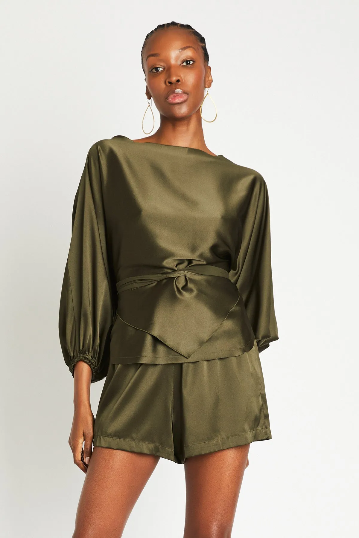   Beryll Ali Silk Wrap Top | Olive