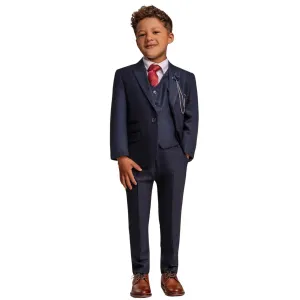 Boys 3 Piece Navy Check Suit Tweed Tailored Fit Wedding