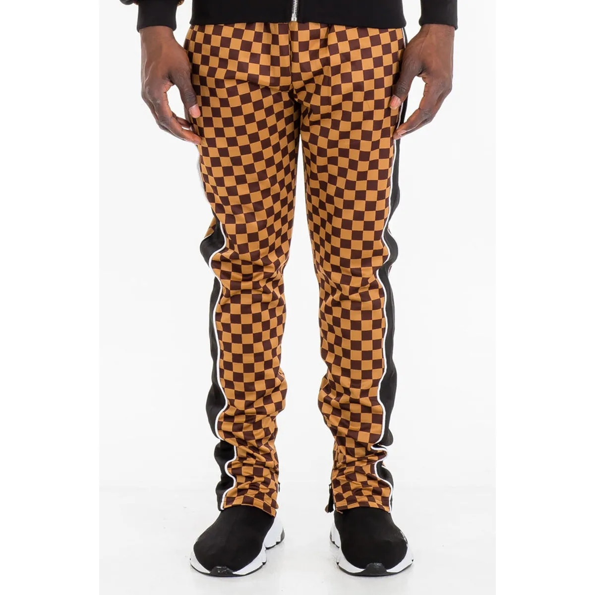 Brown Checkered Side Stripe Track Pants