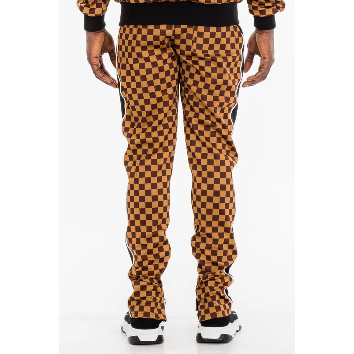 Brown Checkered Side Stripe Track Pants