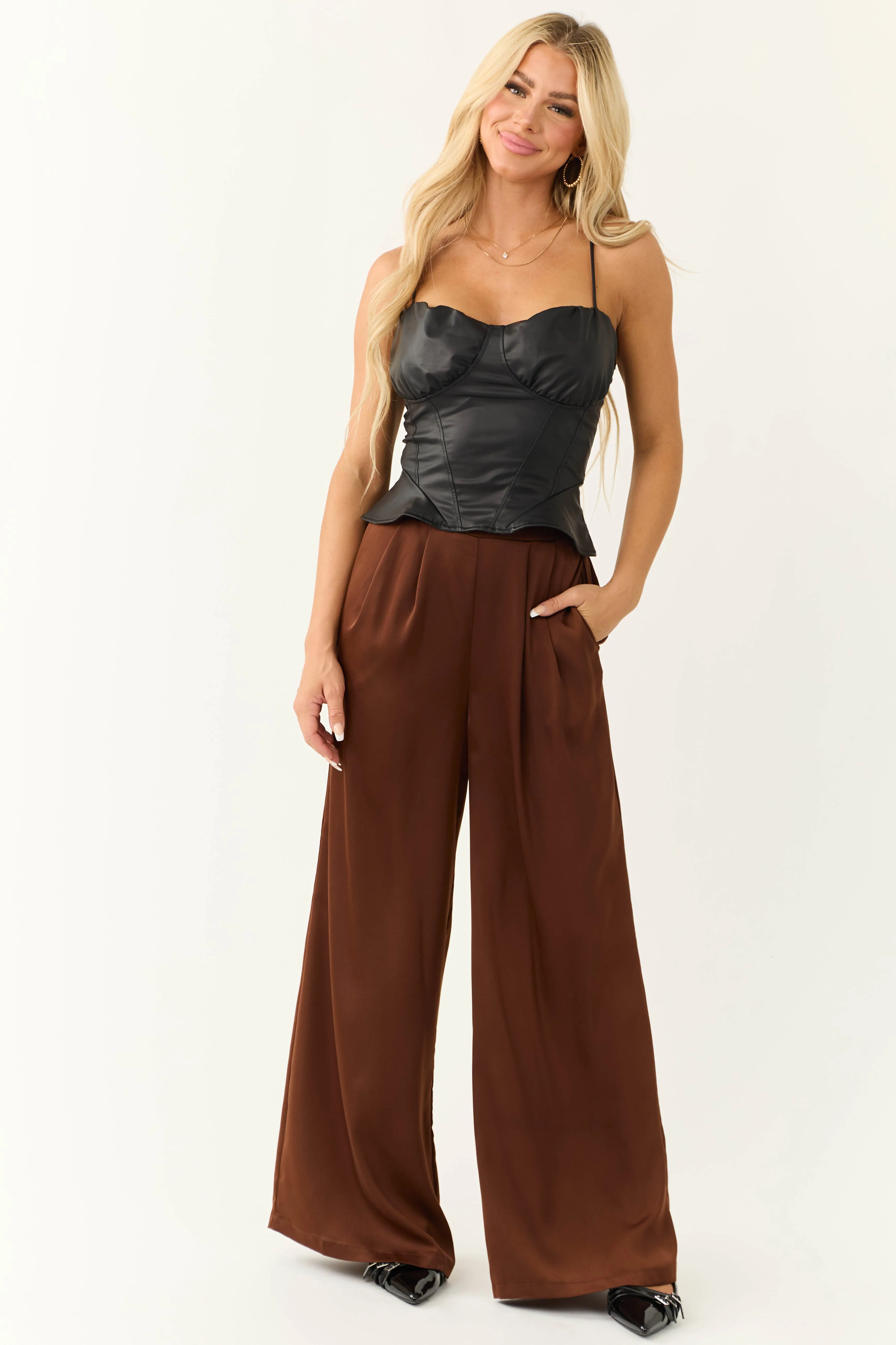 Chocolate Flowy Wide Leg Pull On Satin Pants