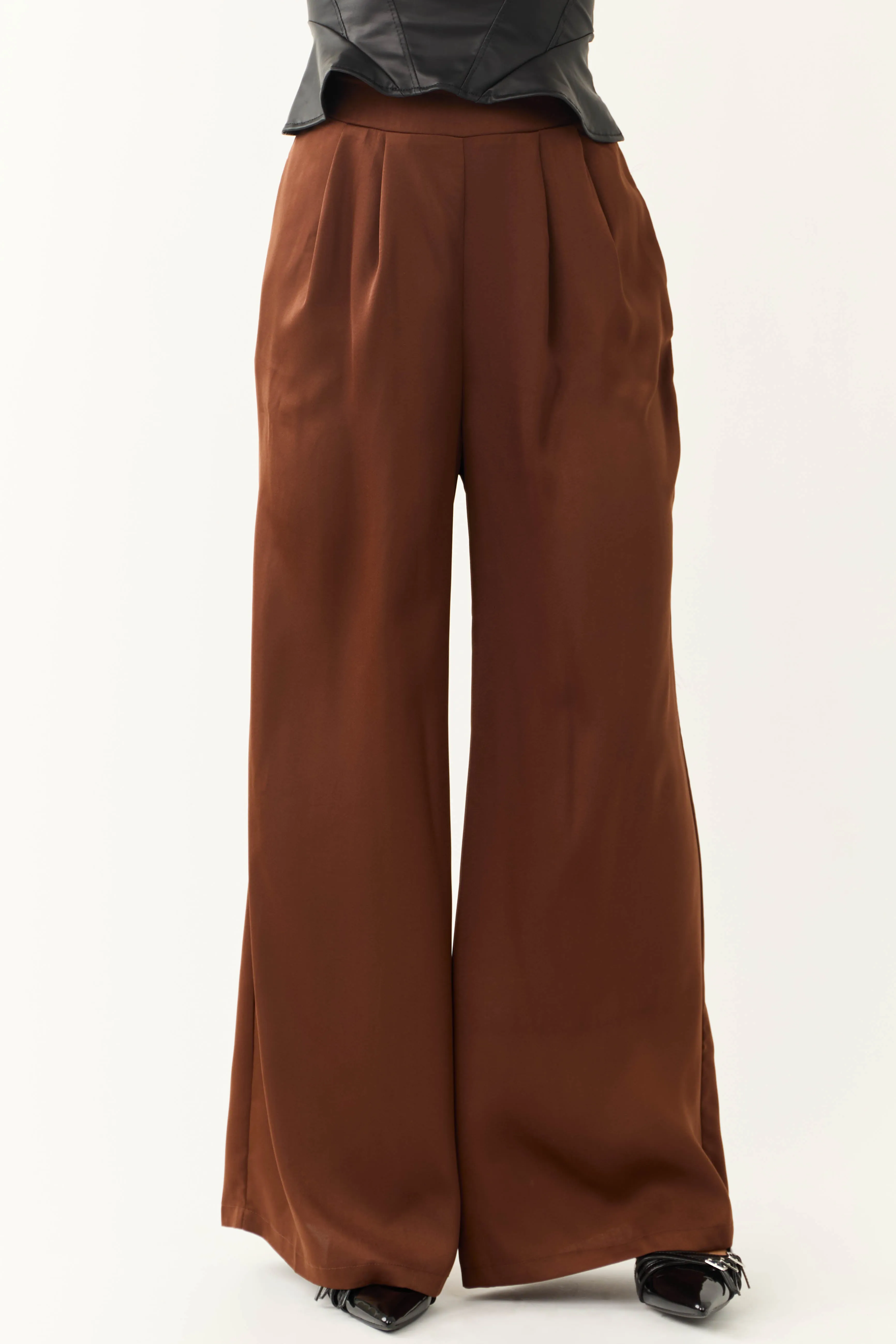 Chocolate Flowy Wide Leg Pull On Satin Pants