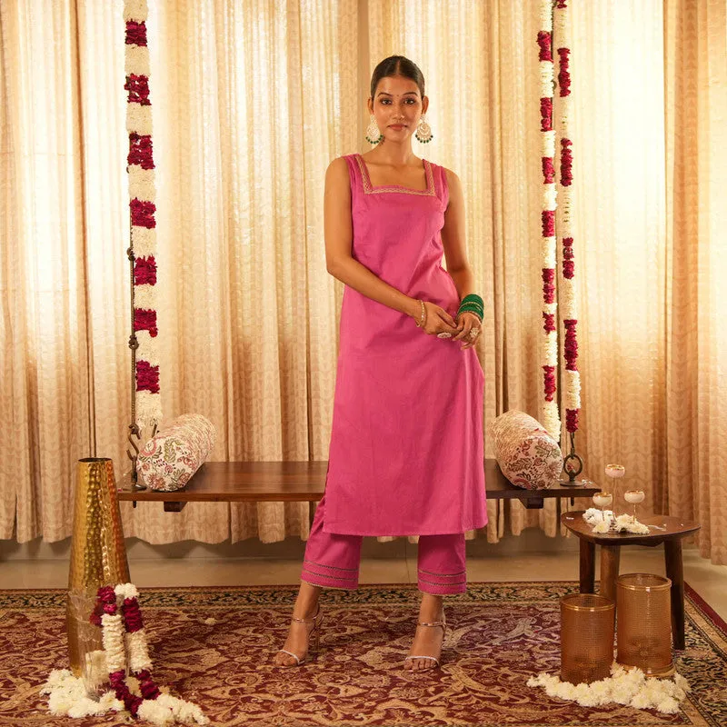 Cotton Kurta Set For Women | Kurta & Pant | Sleeveless | Pink