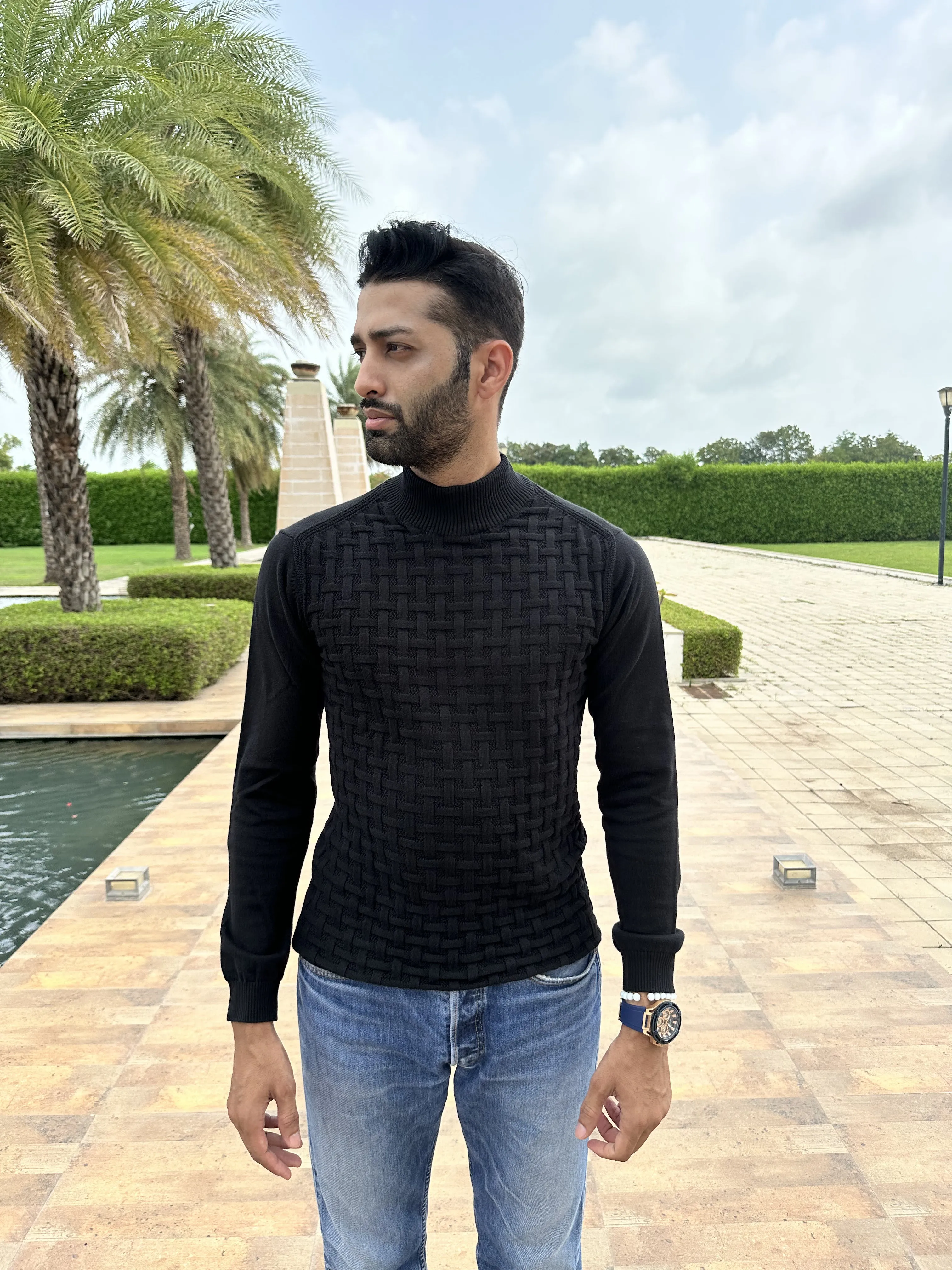 Enigma Black Fullsleeve Turtle Neck Knit Tshirt