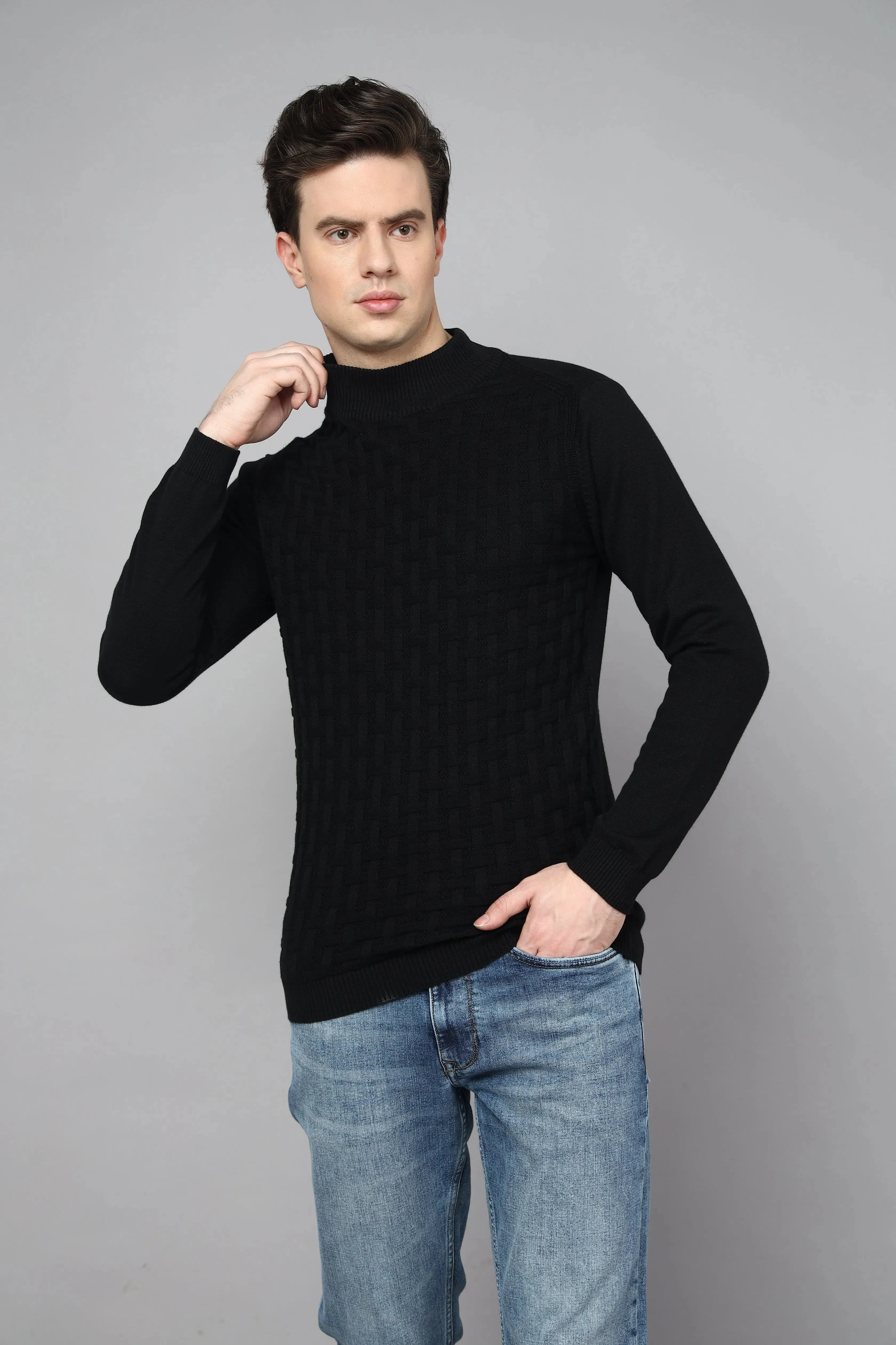 Enigma Black Fullsleeve Turtle Neck Knit Tshirt