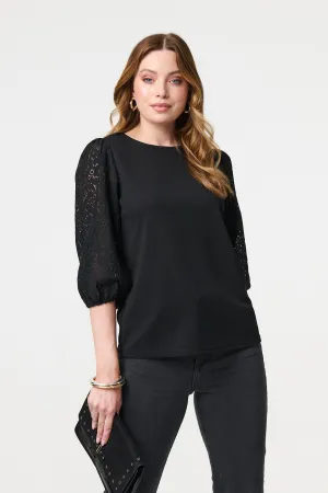 Floral Lace 3/4 Puff Sleeve Blouse