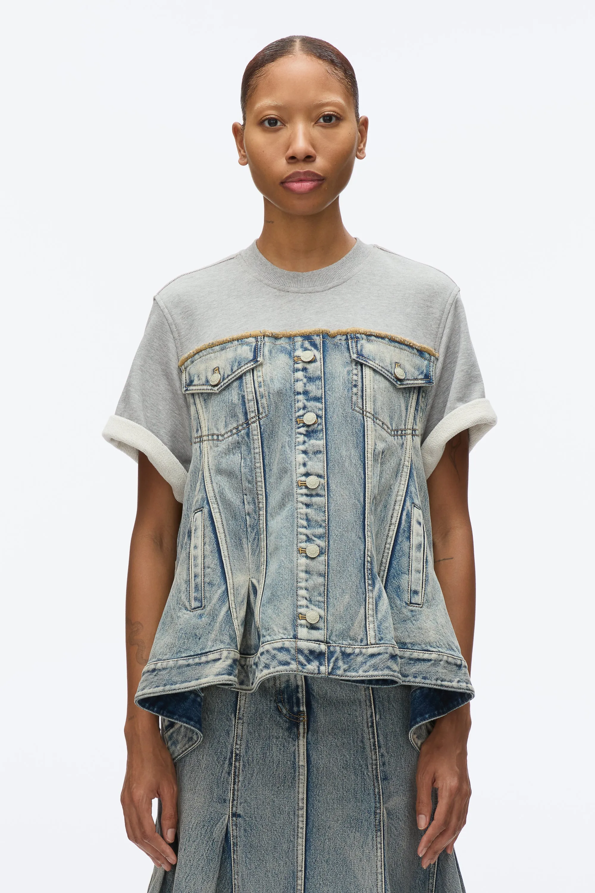 Flounce Hem Hybrid Denim Top