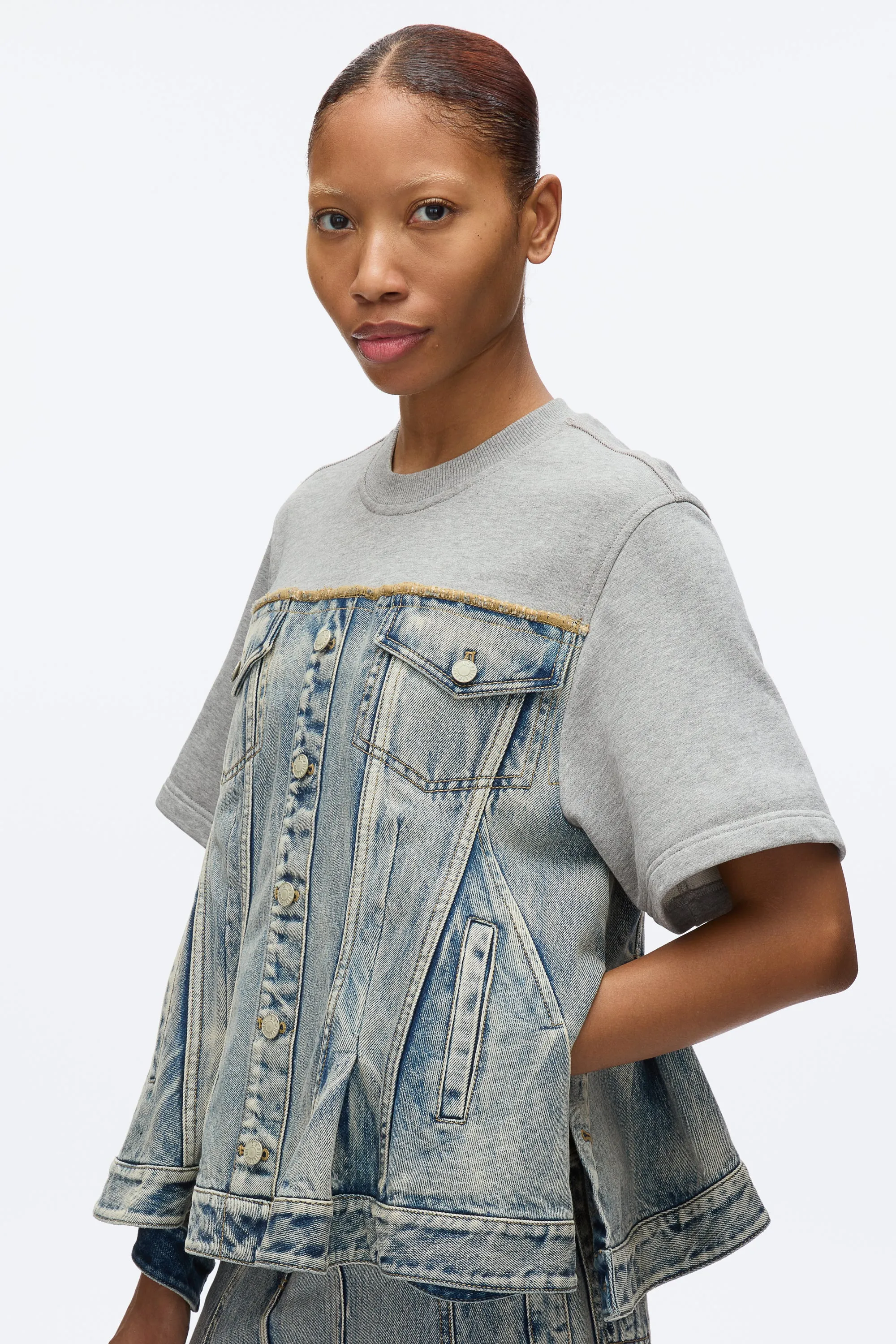 Flounce Hem Hybrid Denim Top