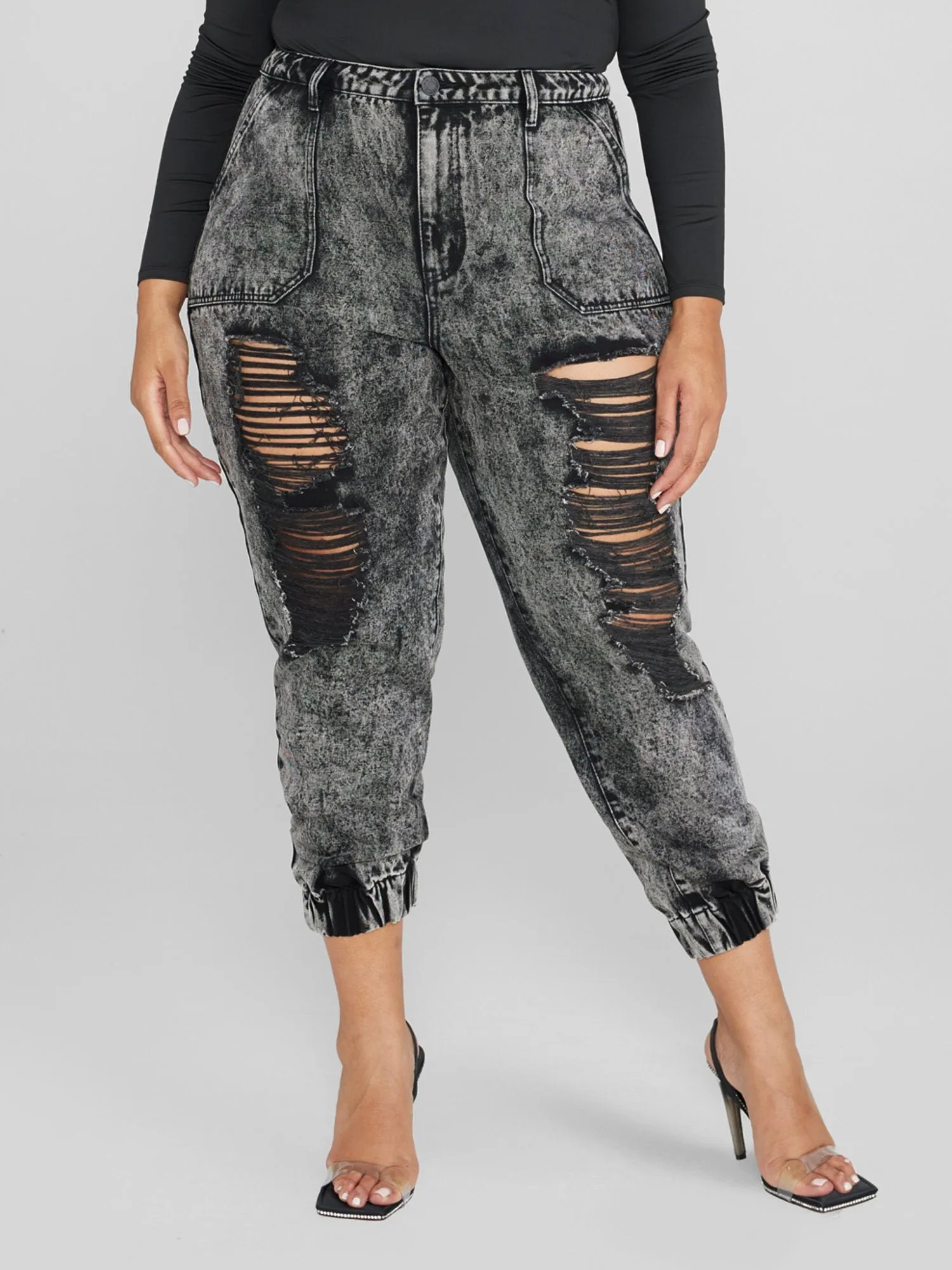 High Rise Acid Wash Destructed Denim Joggers