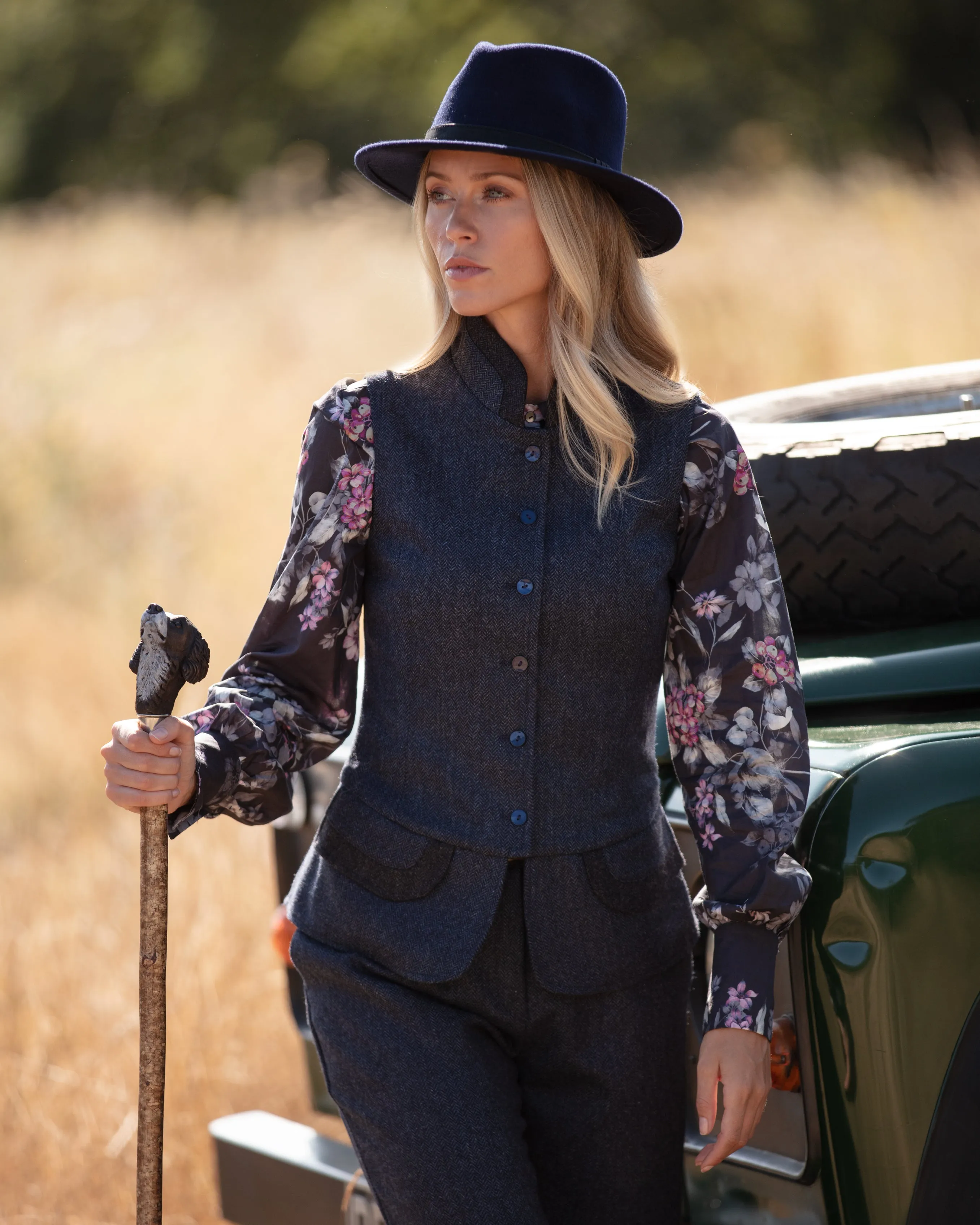 India Ladies Tweed Waistcoat - Indigo Herringbone Merino