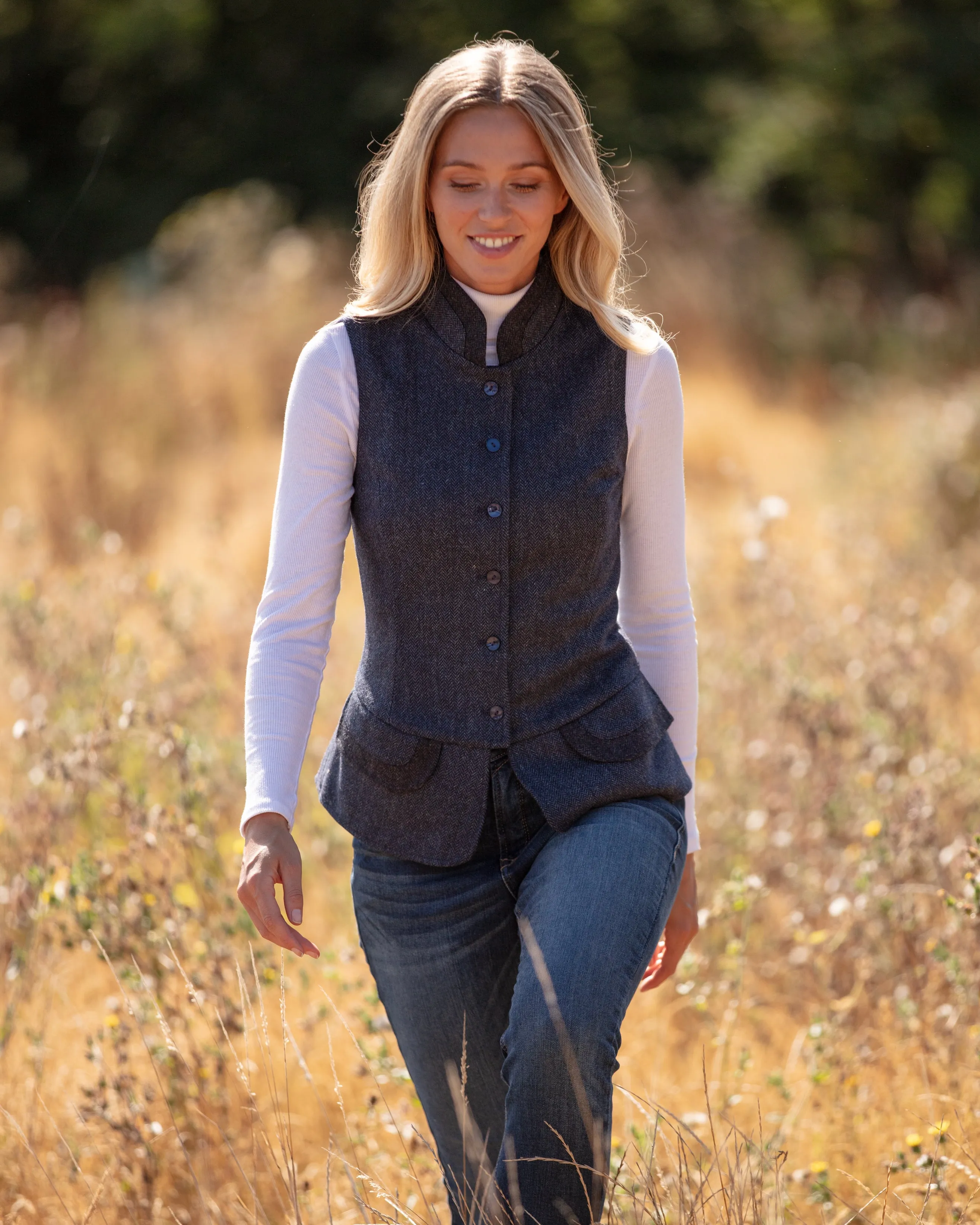 India Ladies Tweed Waistcoat - Indigo Herringbone Merino