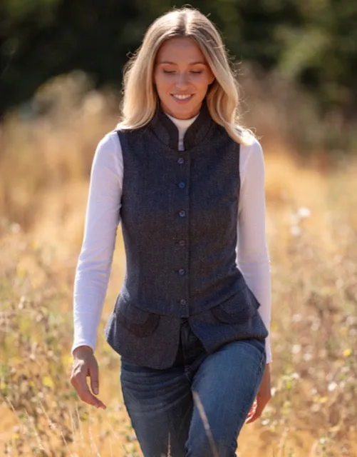 India Ladies Tweed Waistcoat - Indigo Herringbone Merino