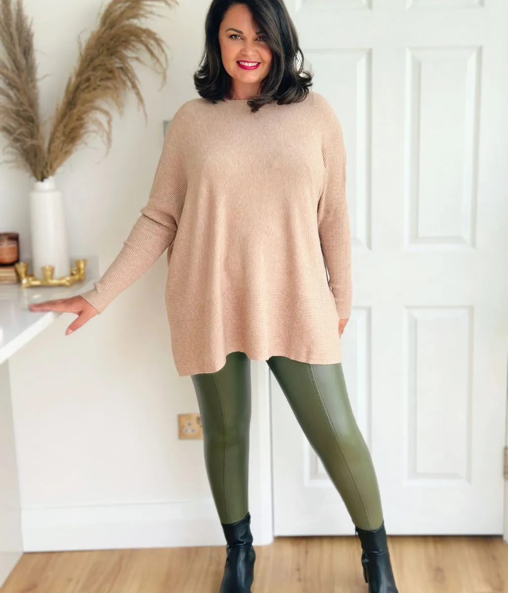 Khaki Leather Look Leggings