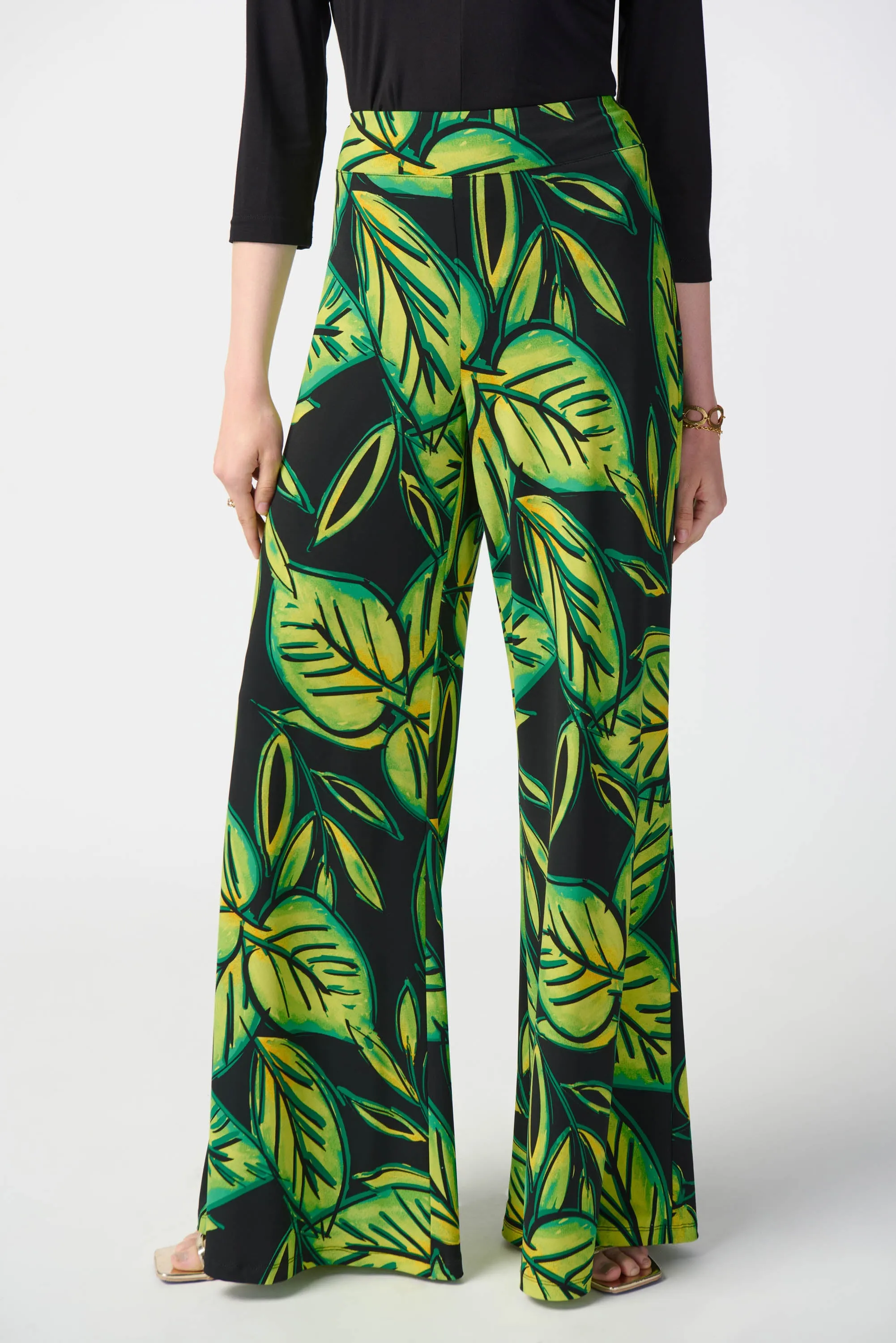 Leaf Print Silky Knit Wide-Leg Pants