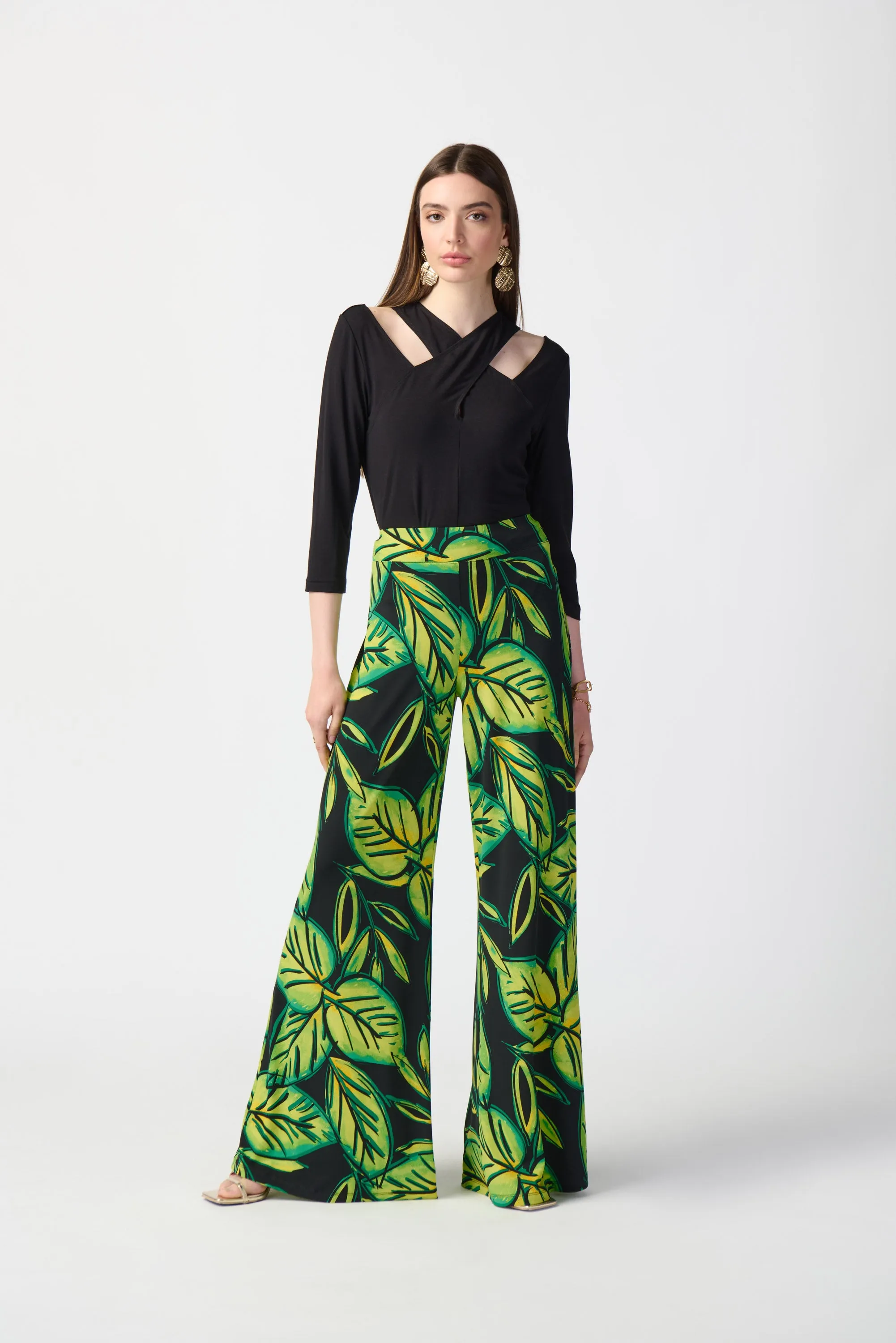 Leaf Print Silky Knit Wide-Leg Pants