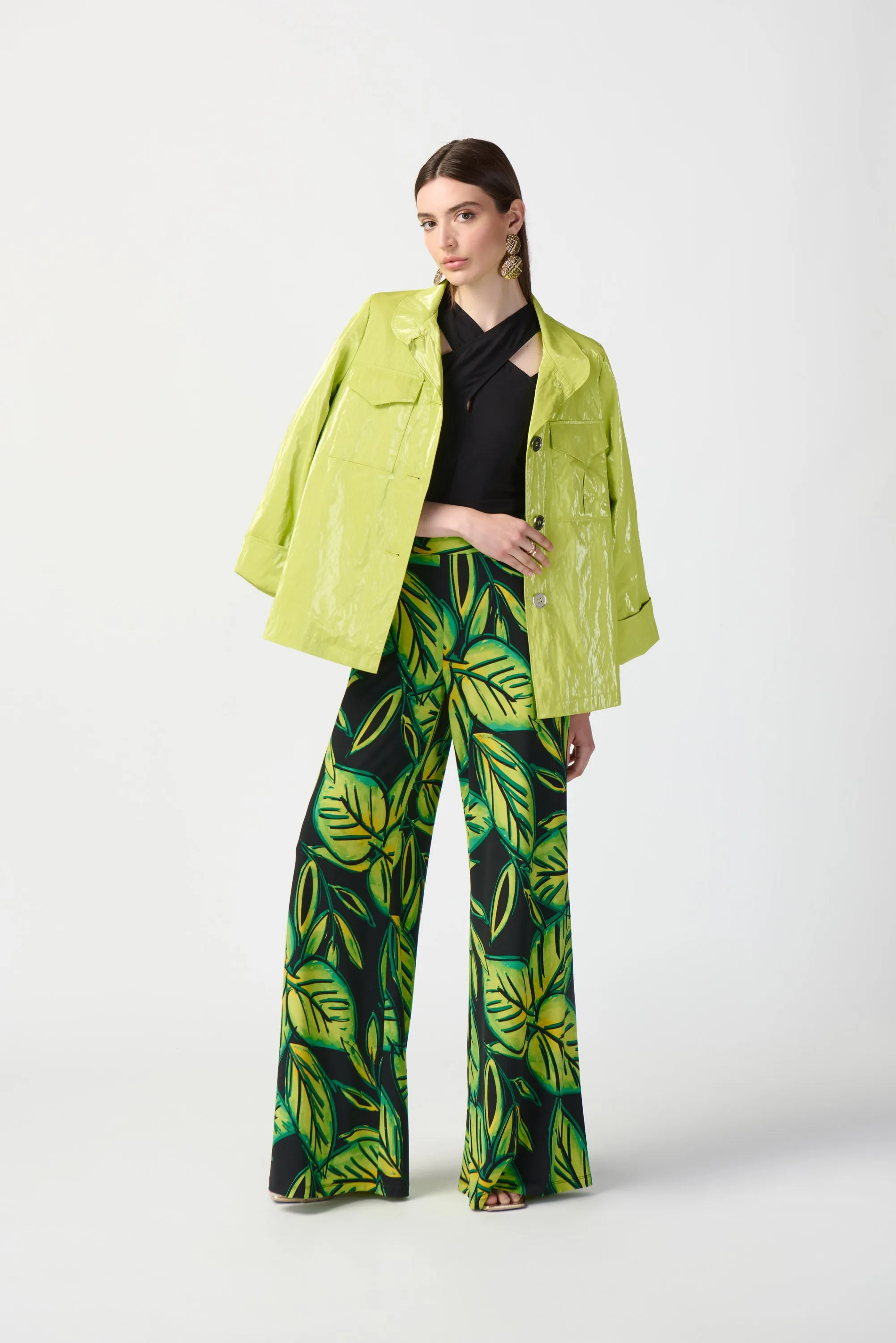 Leaf Print Silky Knit Wide-Leg Pants