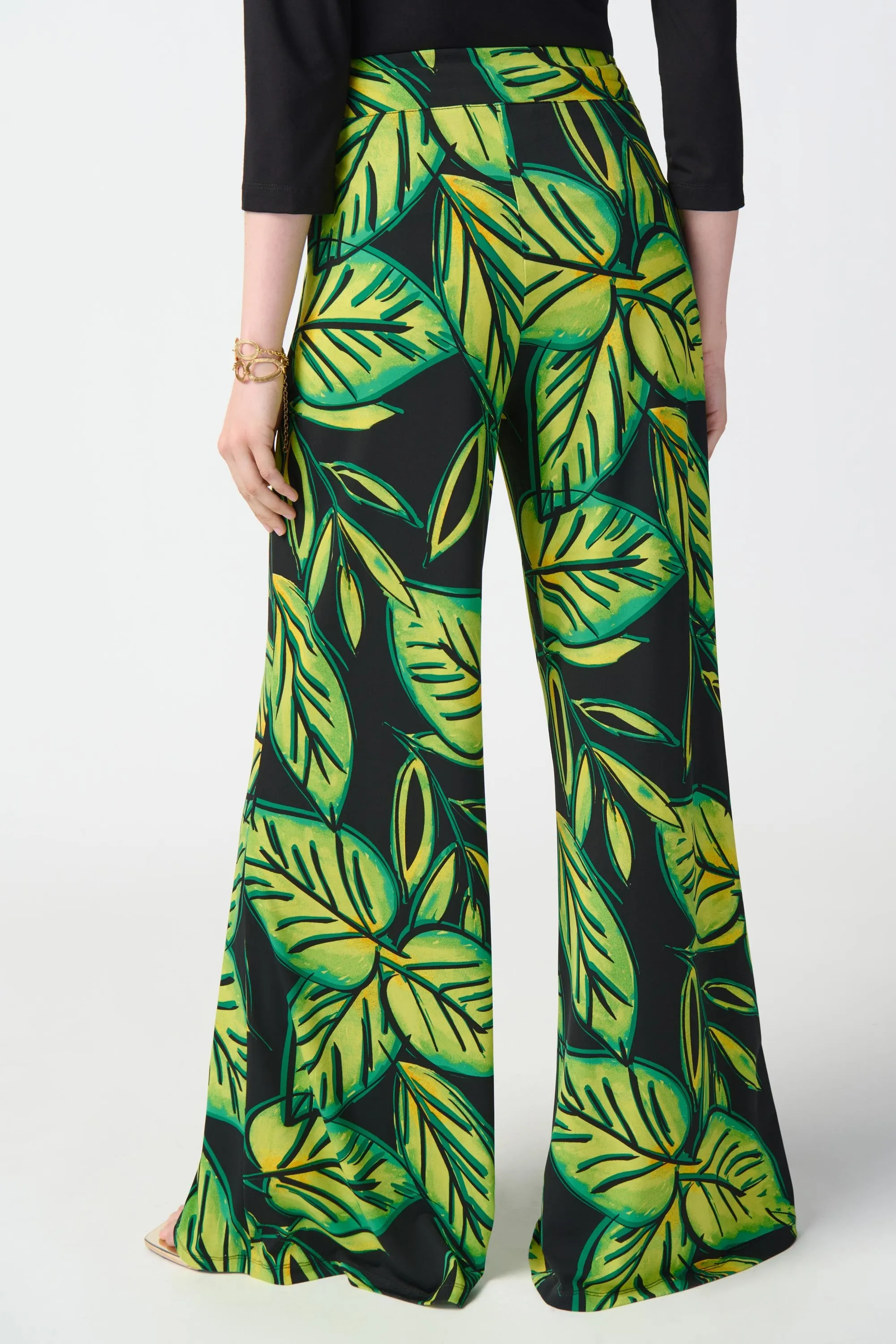 Leaf Print Silky Knit Wide-Leg Pants