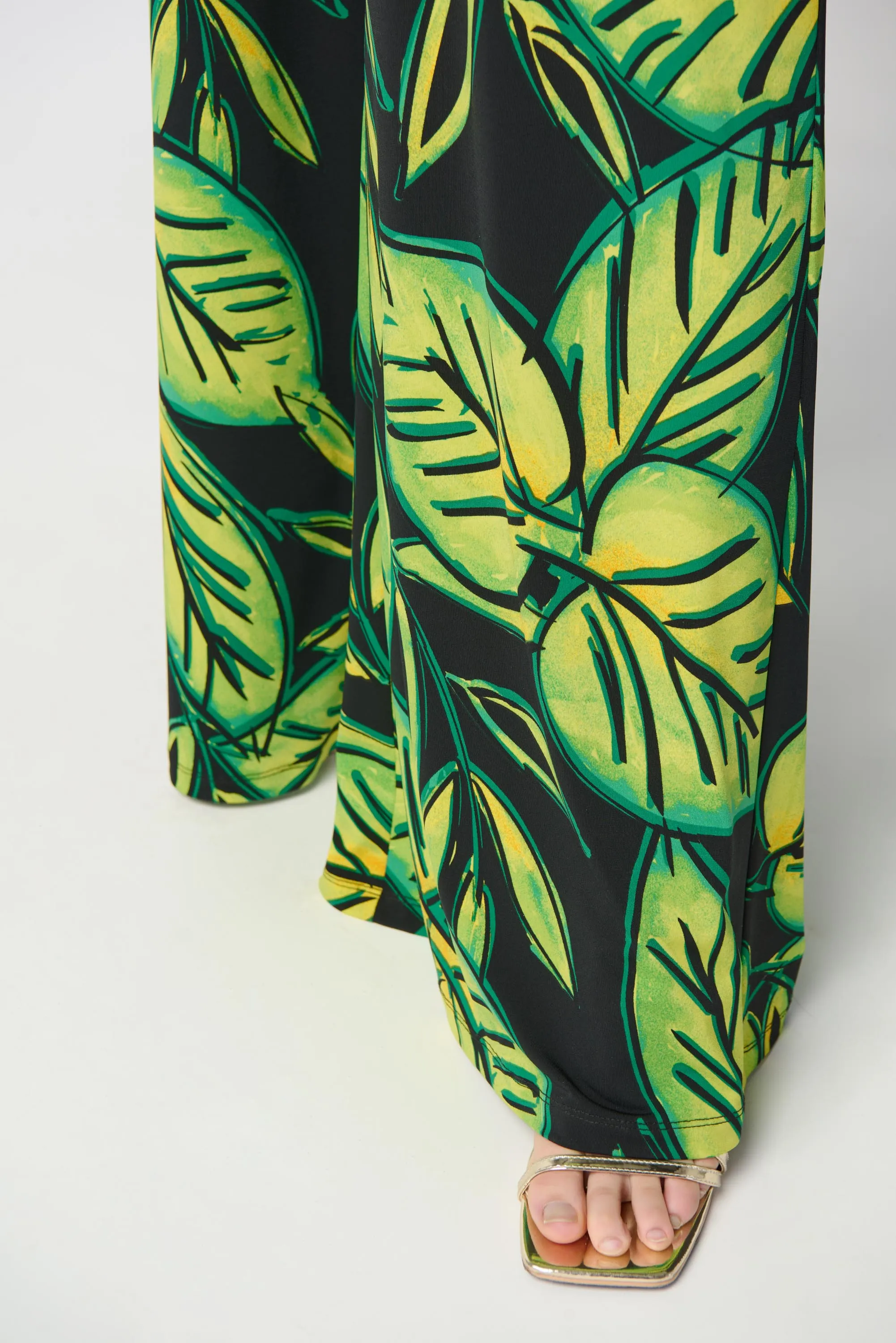 Leaf Print Silky Knit Wide-Leg Pants