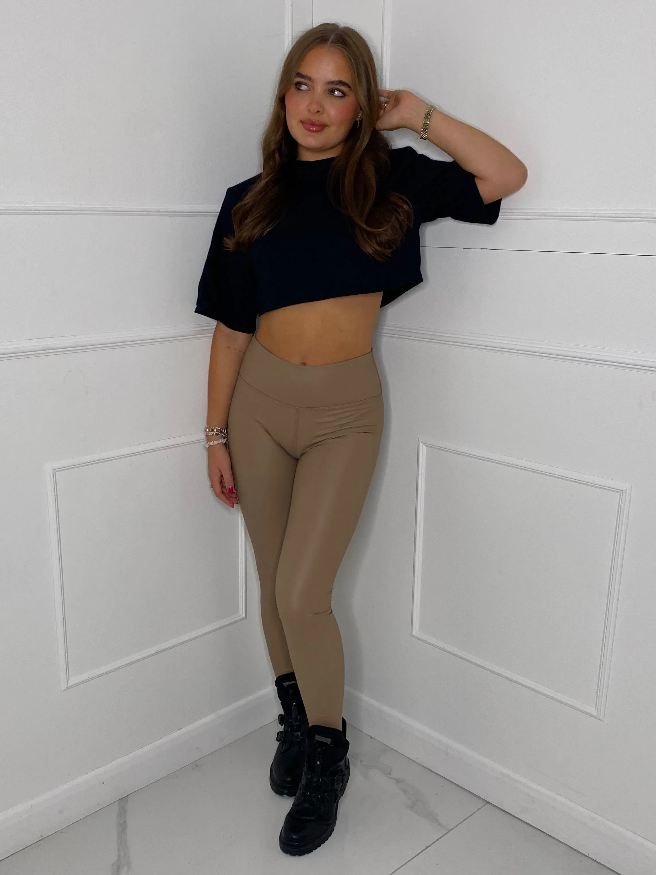 Leather Look  Leggings - Beige