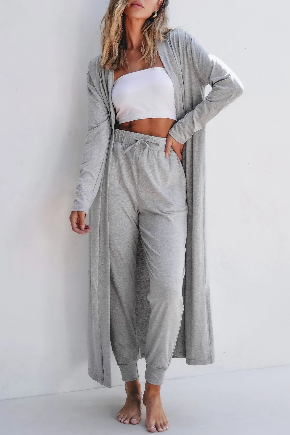 Light Grey Split Long Cardigan and Skinny Pants Lounge Set