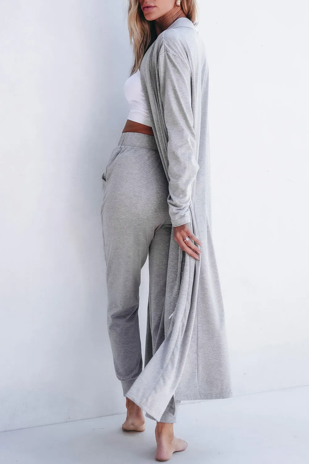 Light Grey Split Long Cardigan and Skinny Pants Lounge Set