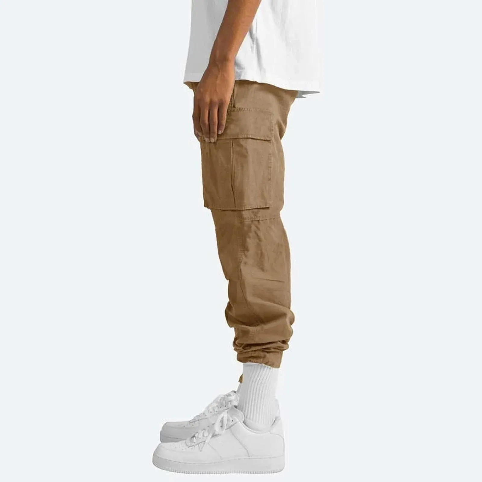 Men's Khaki Cargo Pants - Casual, Multiple Pockets, Outdoor, Straight Fit