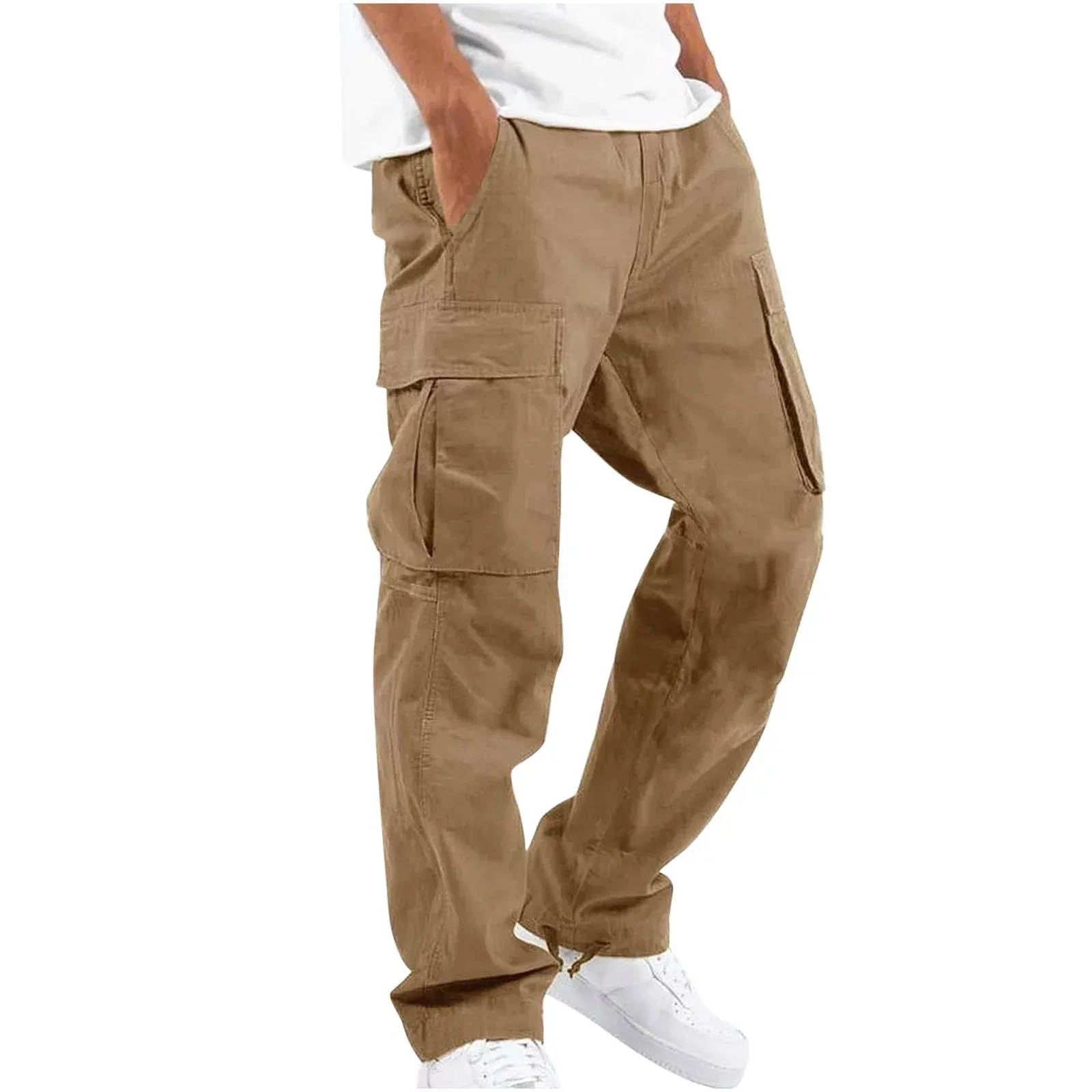 Men's Khaki Cargo Pants - Casual, Multiple Pockets, Outdoor, Straight Fit