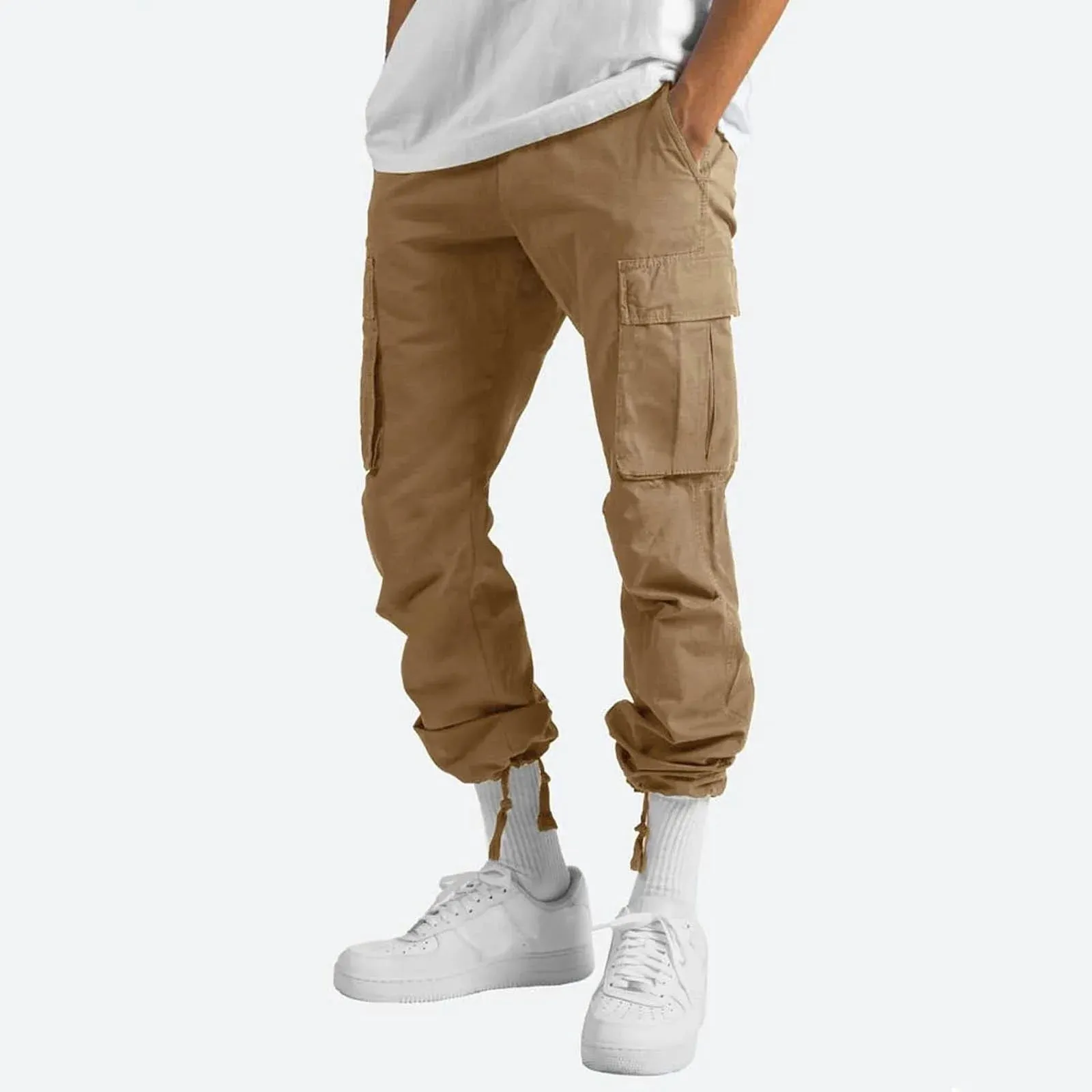 Men's Khaki Cargo Pants - Casual, Multiple Pockets, Outdoor, Straight Fit