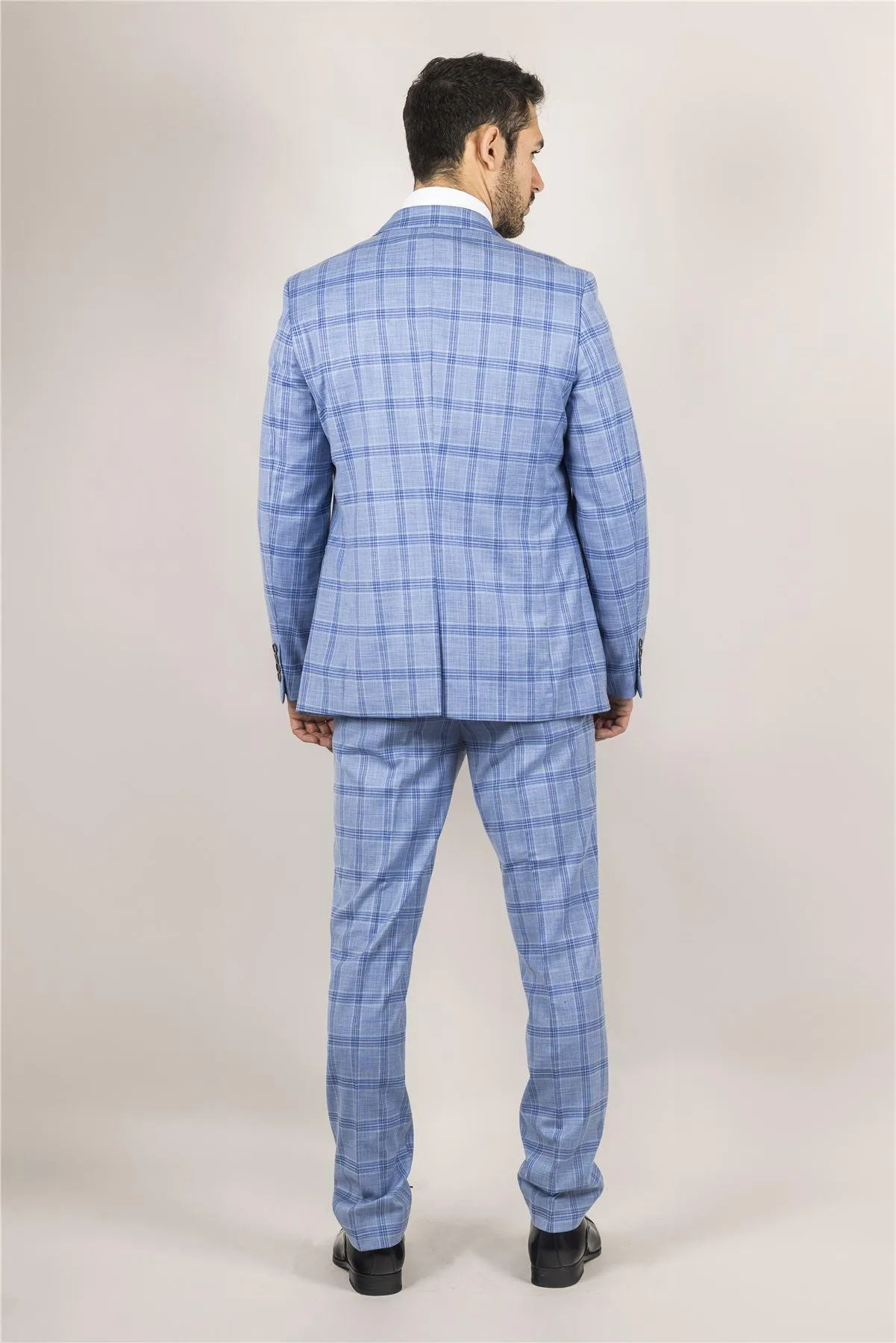 Men's Suit 3 Piece Light Blue Checked Classic Plaid Tailored Fit Formal Dress