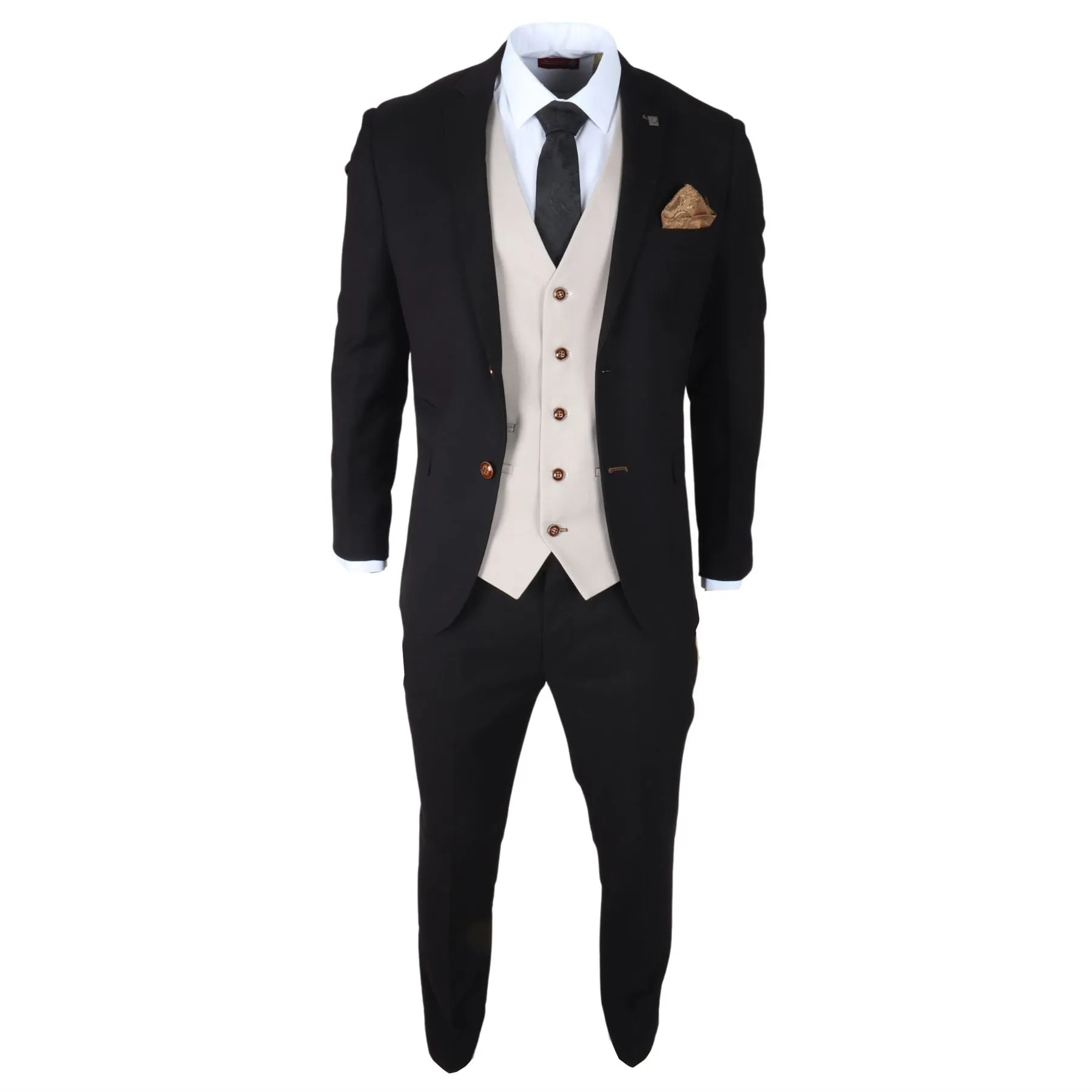 Men's Suit Black Cream 3 Piece Classic Birdseye Wedding Grooms