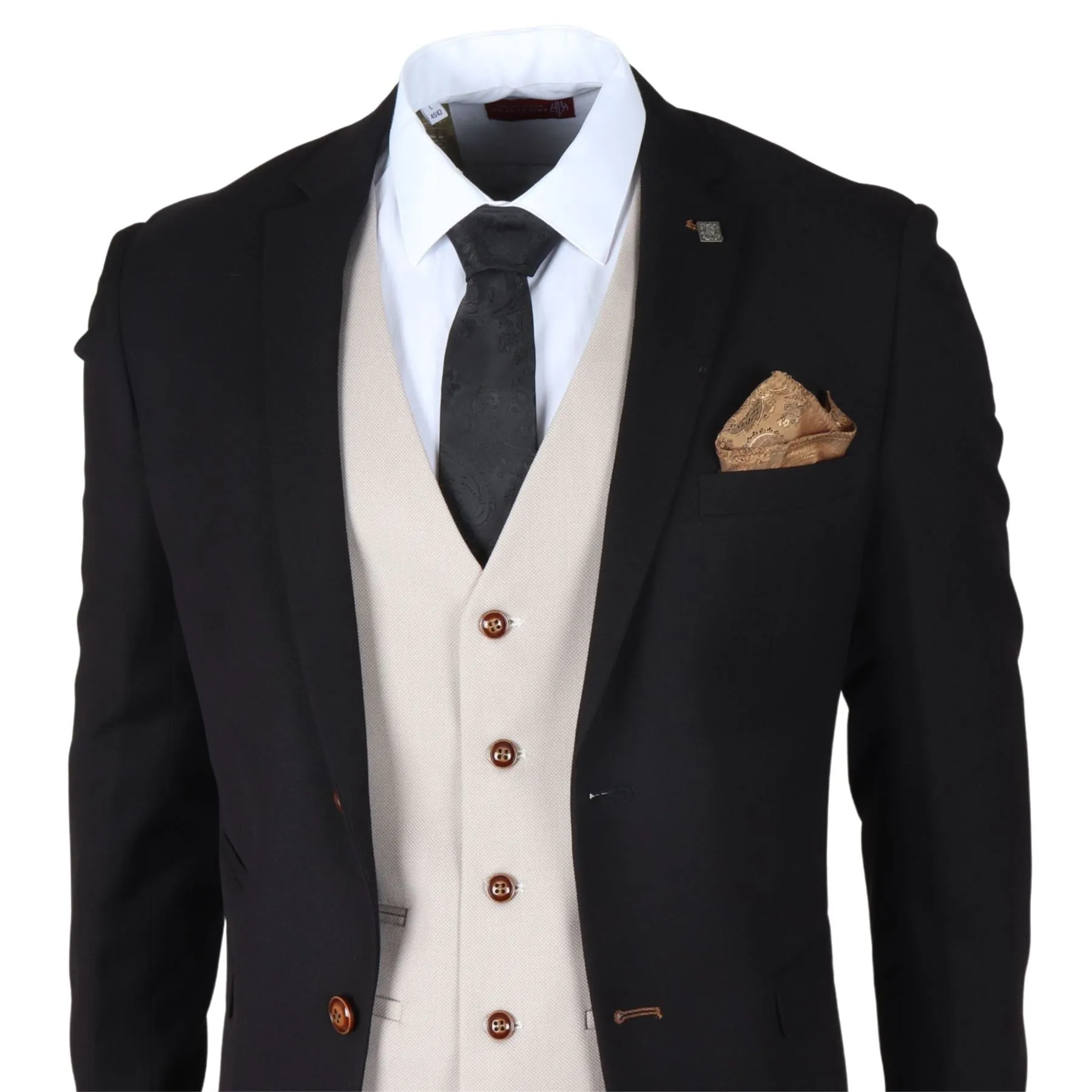 Men's Suit Black Cream 3 Piece Classic Birdseye Wedding Grooms