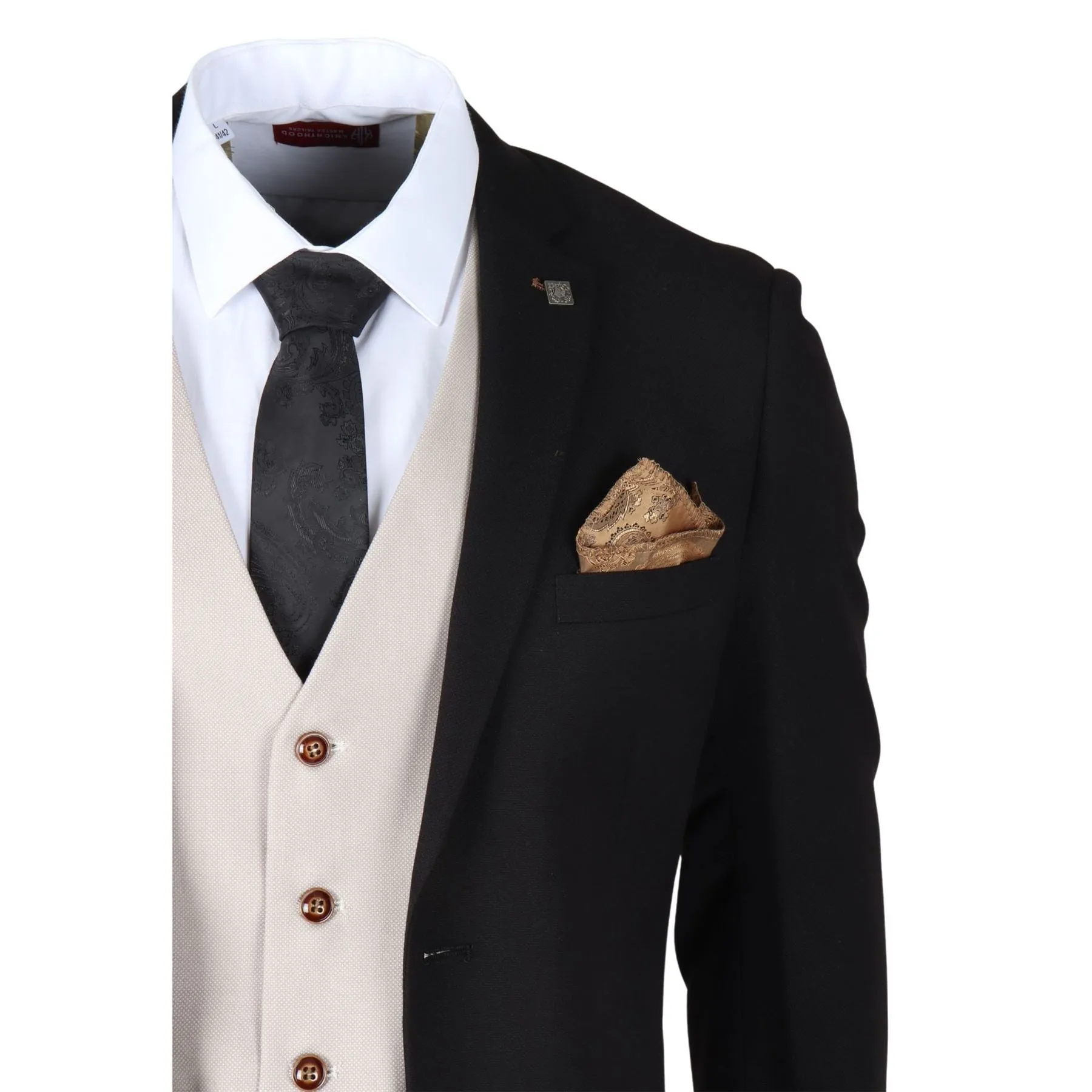 Men's Suit Black Cream 3 Piece Classic Birdseye Wedding Grooms