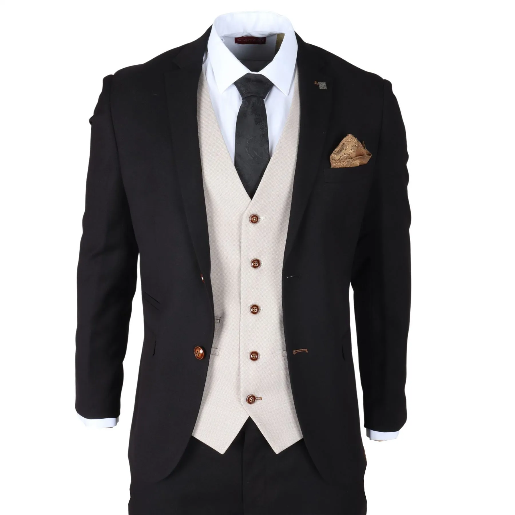 Men's Suit Black Cream 3 Piece Classic Birdseye Wedding Grooms