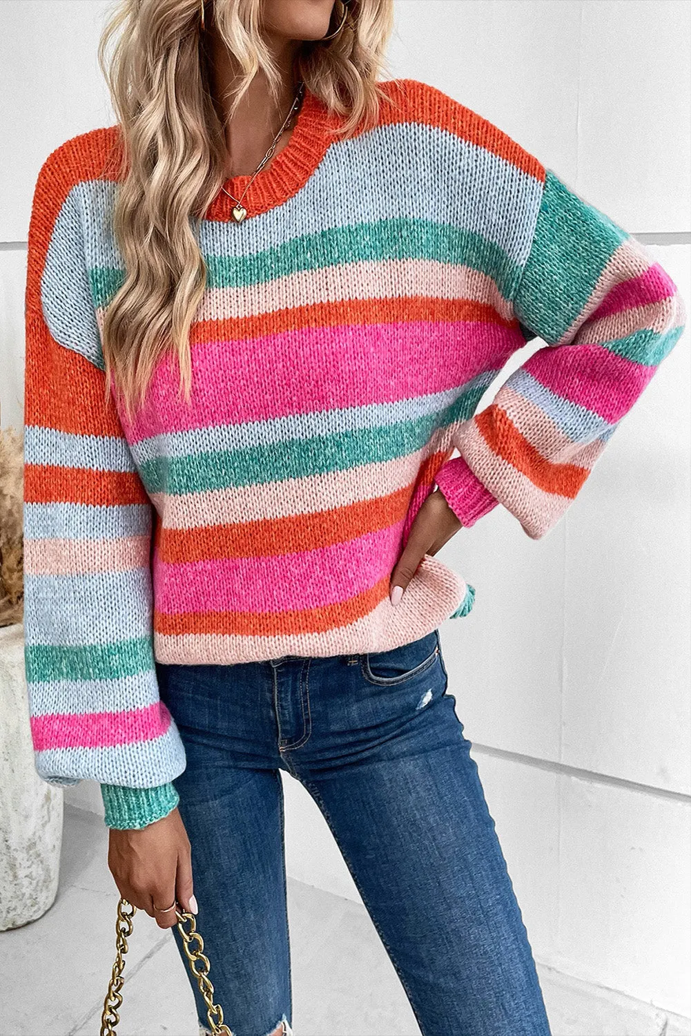 Multicolor Striped Knit Drop Shoulder Puff Sleeve Sweater