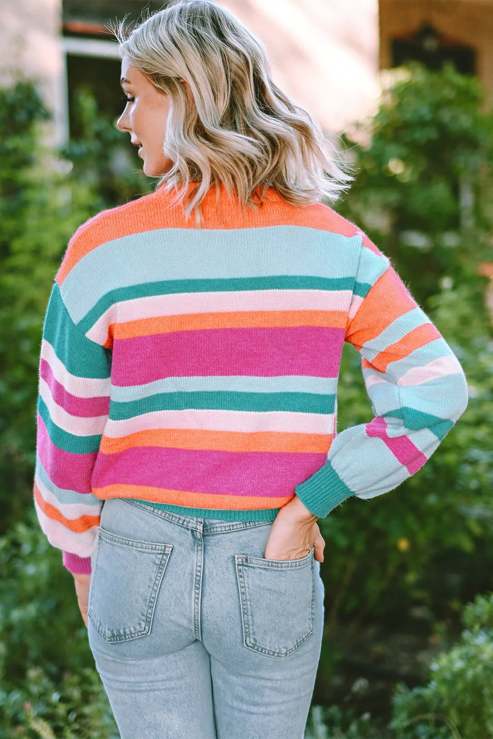 Multicolor Striped Knit Drop Shoulder Puff Sleeve Sweater