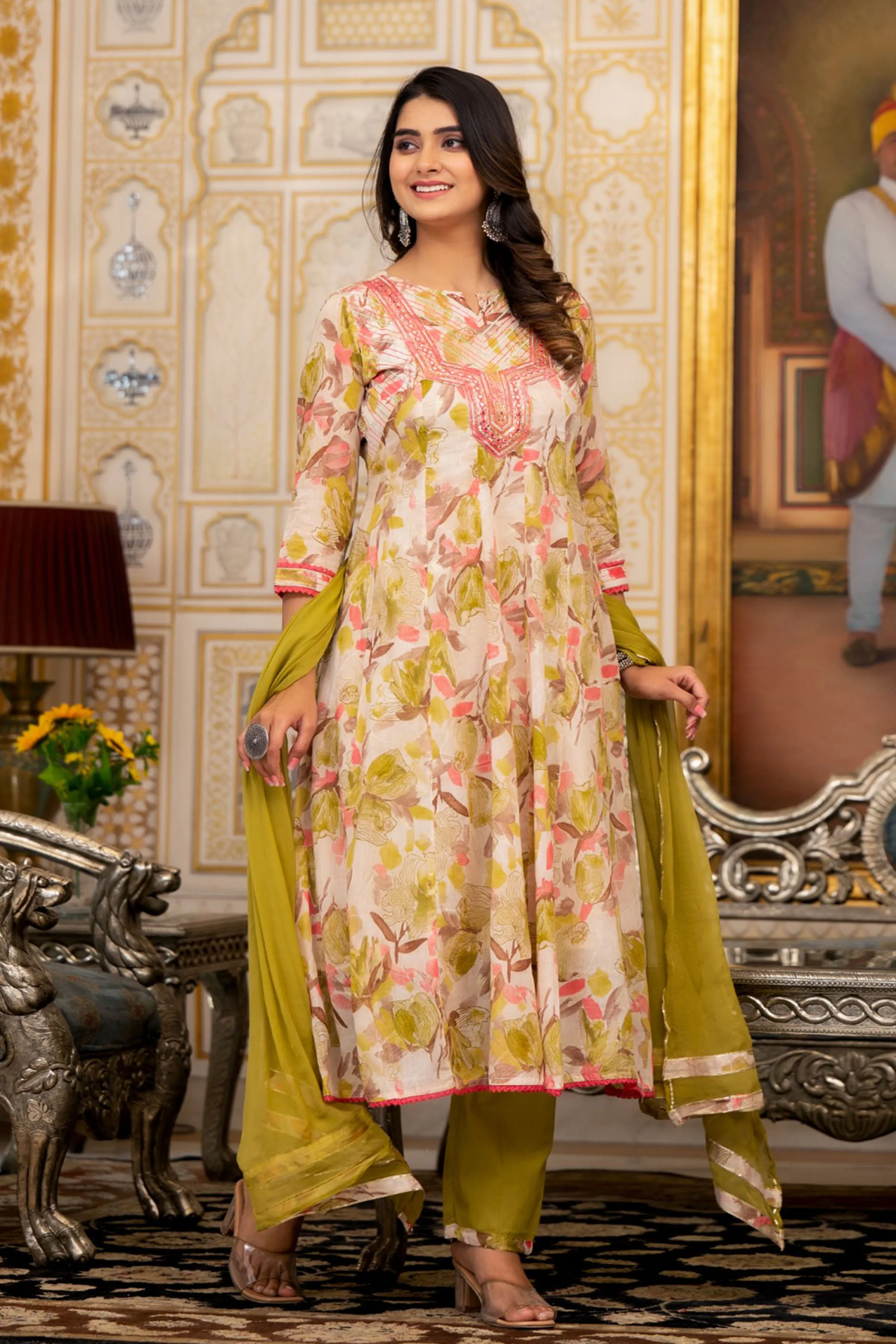 Olive Floral Foiled Anarkali Set