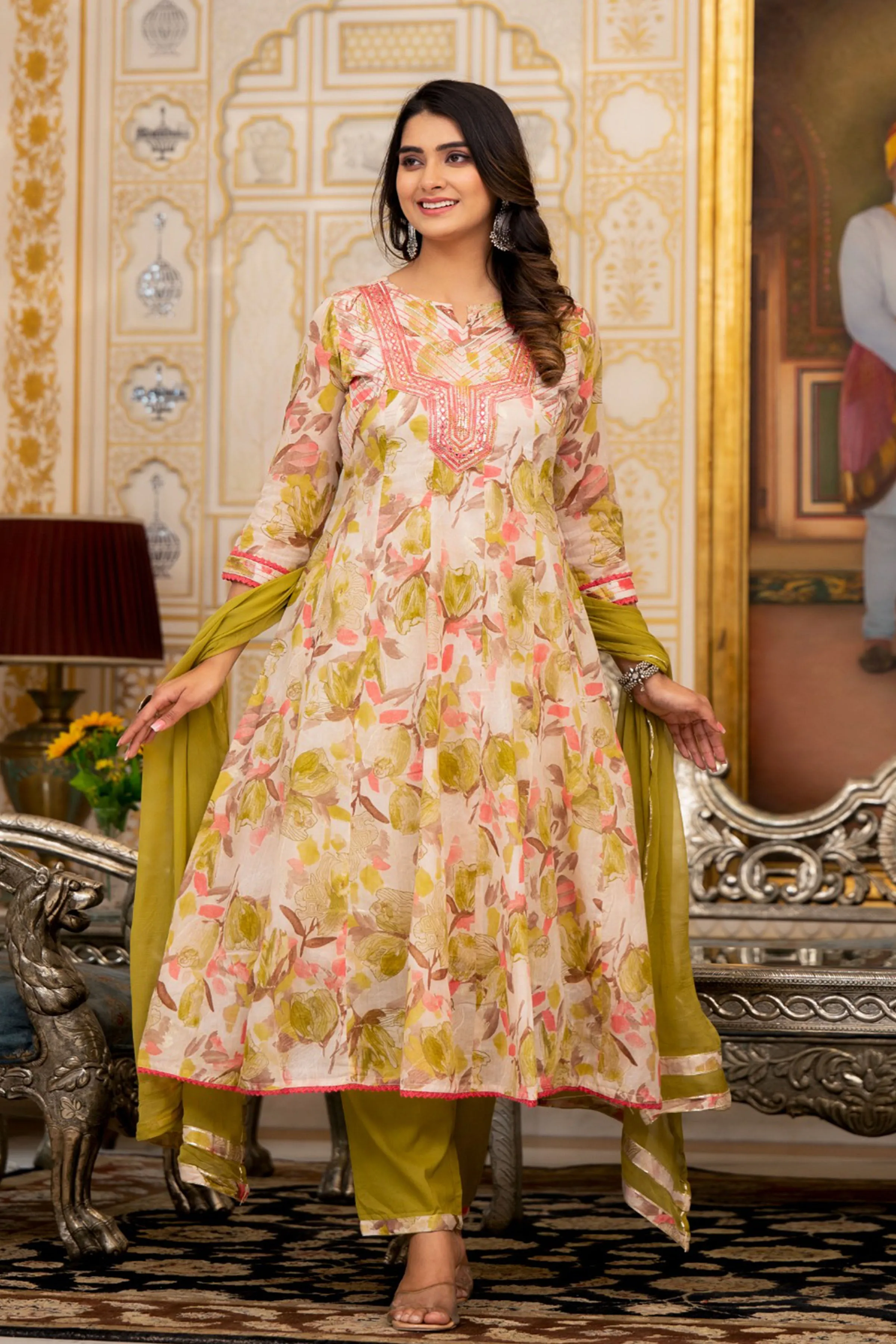 Olive Floral Foiled Anarkali Set