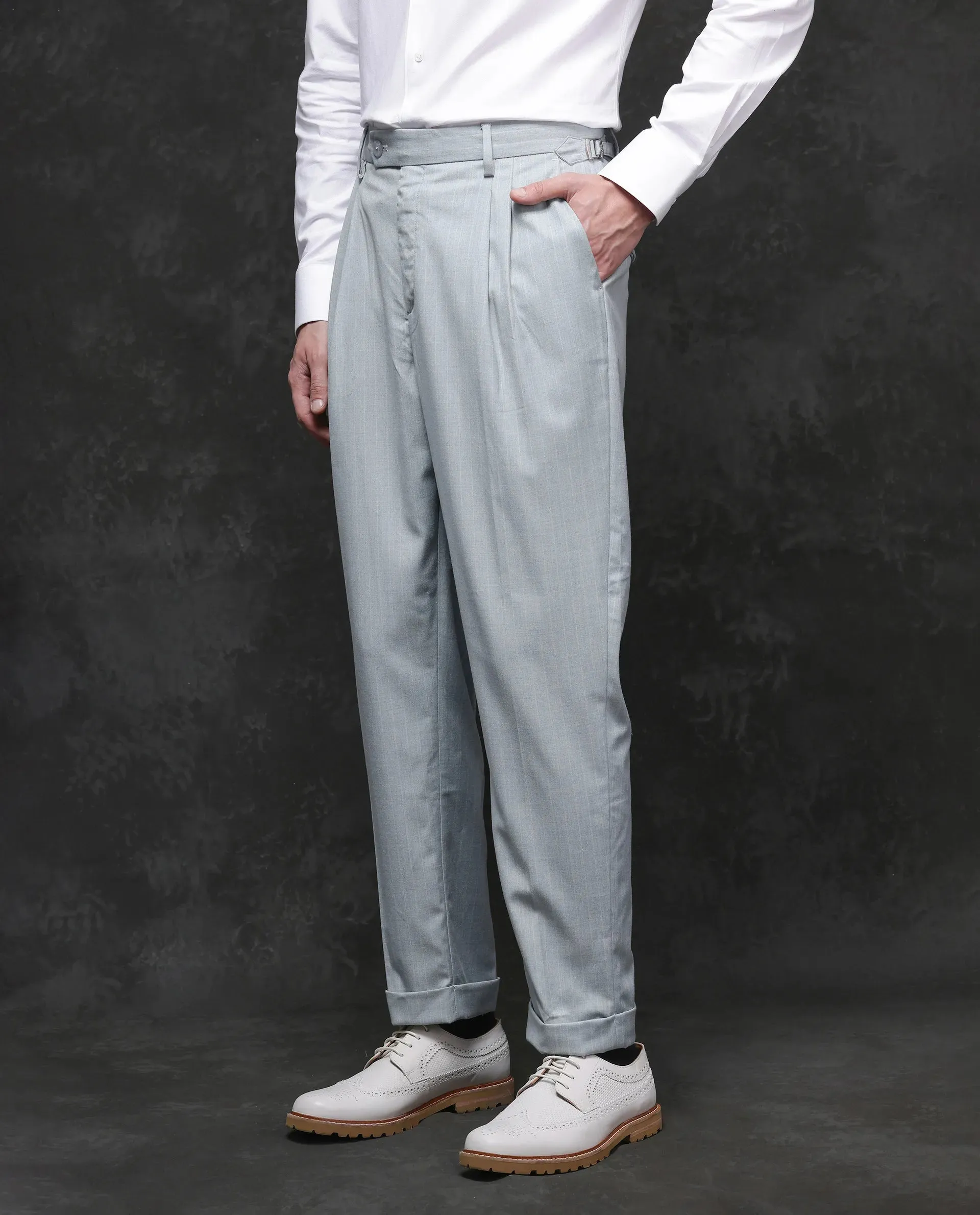 Rare Rabbit Men Amosy Light Blue Cotton Button Closure Relaxed Fit Striped Business Trouser