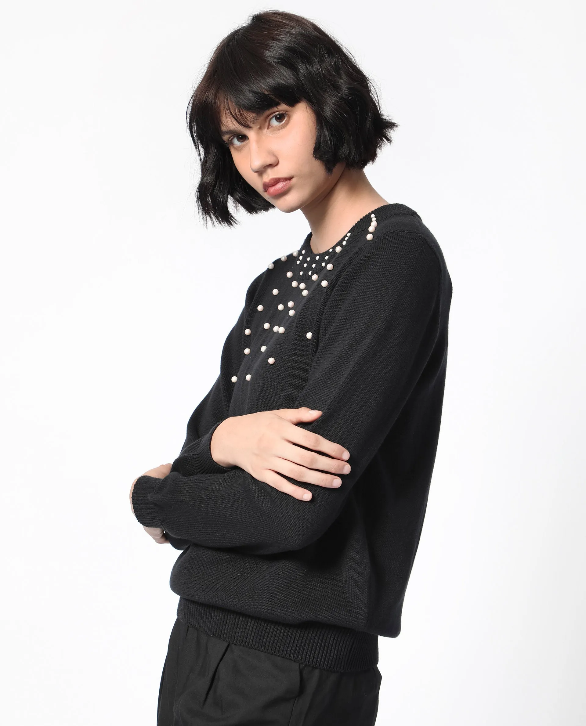 Rareism Women Junich Black Viscose Fabric Full Sleeves Round Neck Regular Fit Embellished Sweater