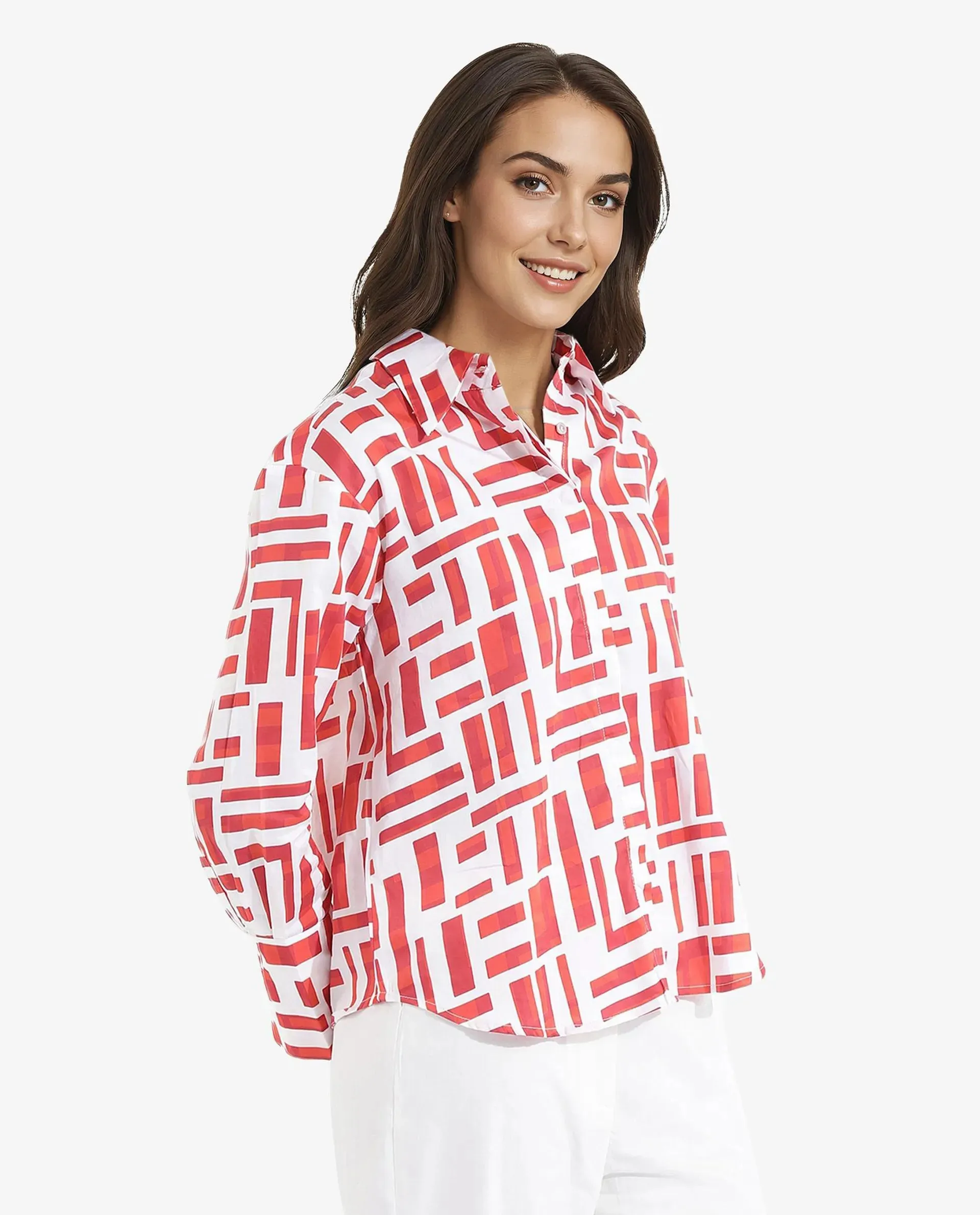 Rareism Women Venice Red Cuffed Sleeve Collared Neck Button Closure Geometric Print Shirt