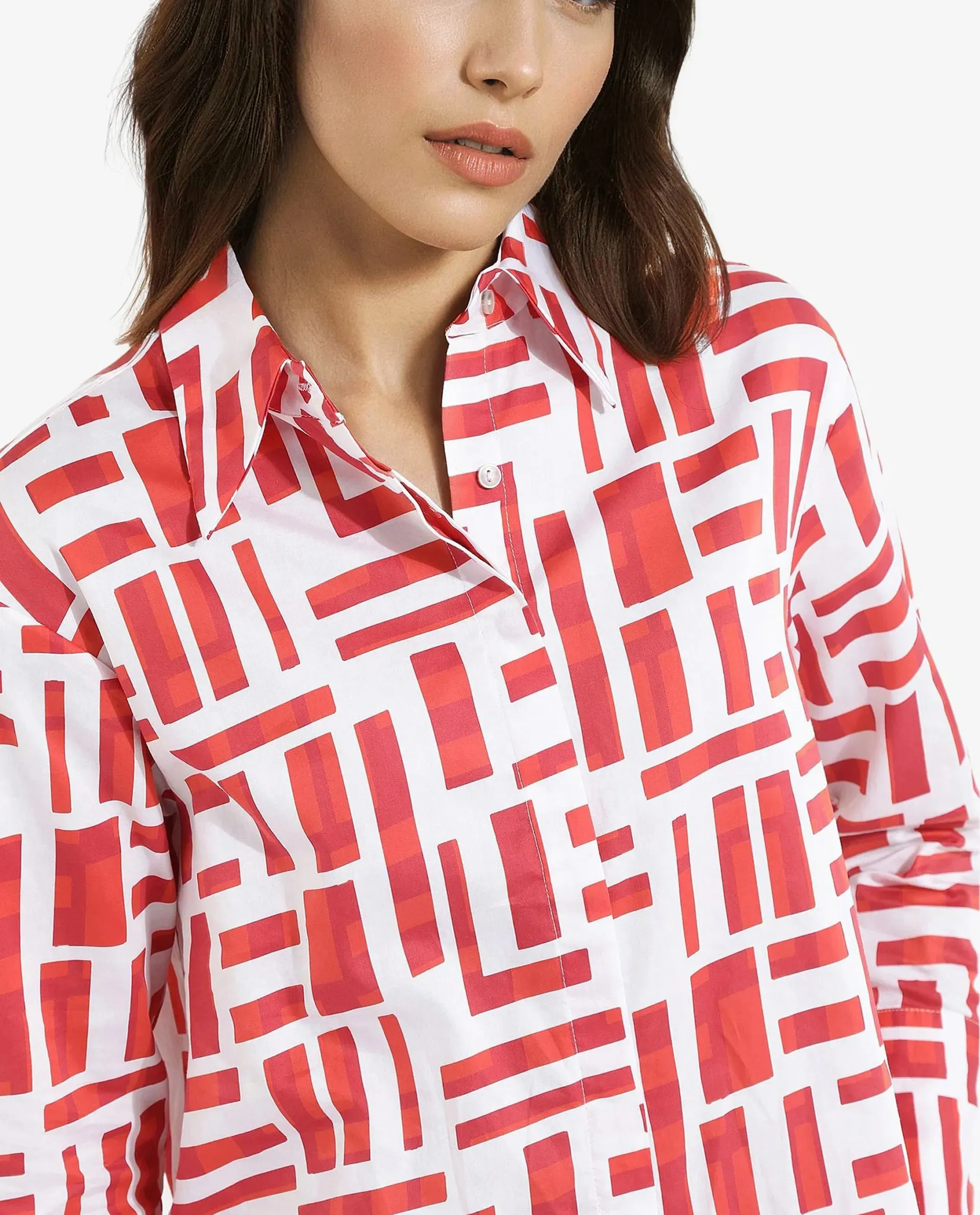 Rareism Women Venice Red Cuffed Sleeve Collared Neck Button Closure Geometric Print Shirt