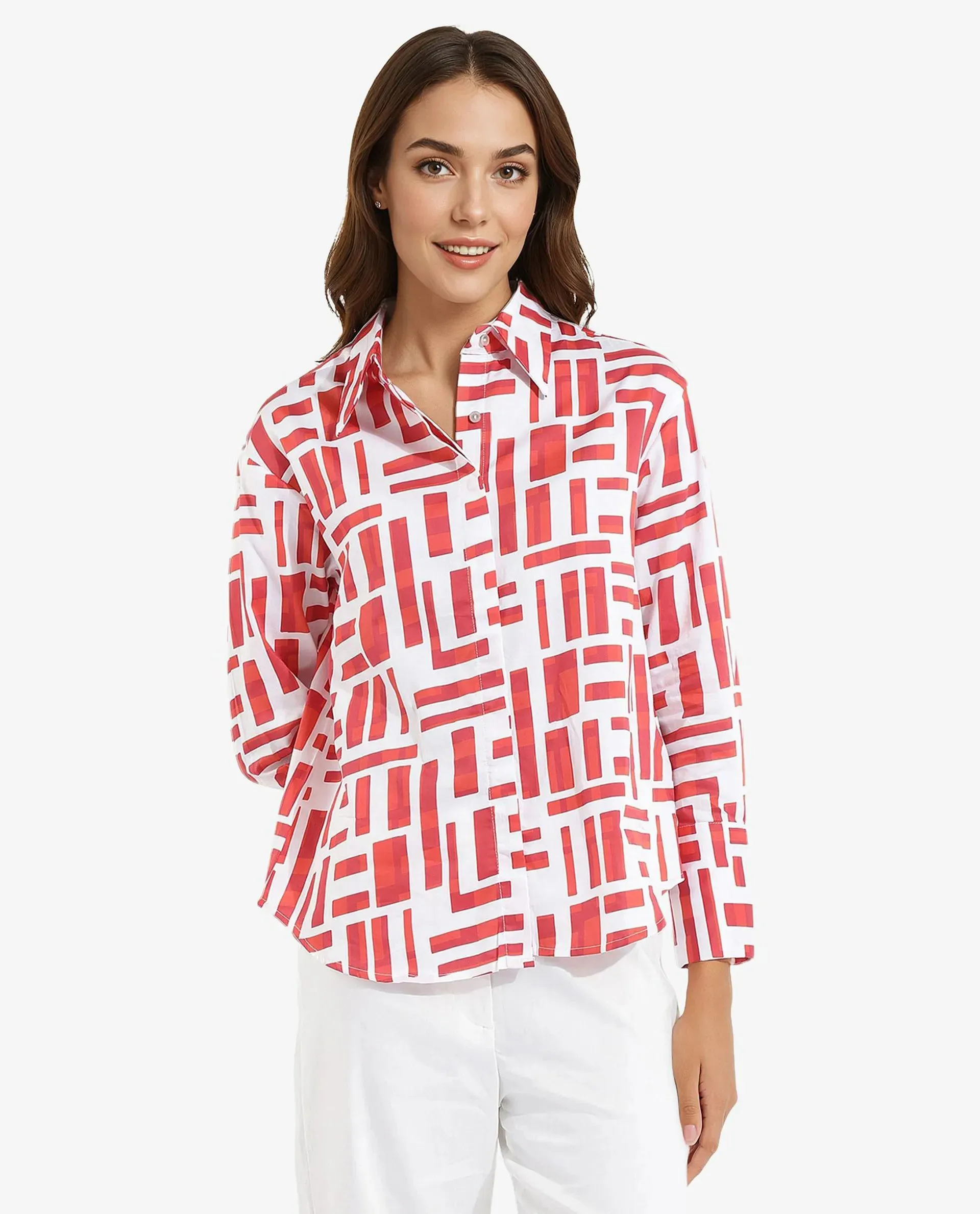 Rareism Women Venice Red Cuffed Sleeve Collared Neck Button Closure Geometric Print Shirt