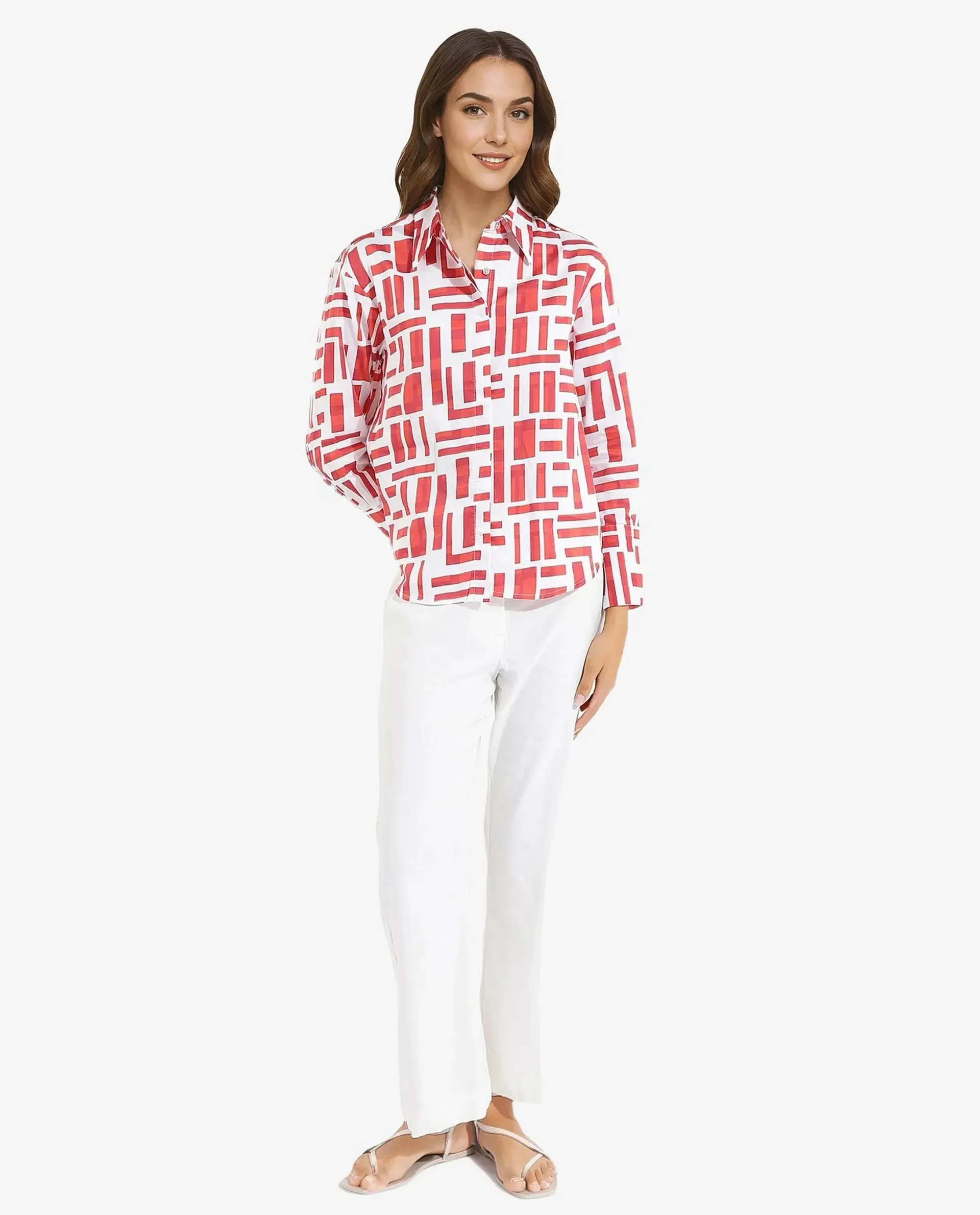 Rareism Women Venice Red Cuffed Sleeve Collared Neck Button Closure Geometric Print Shirt