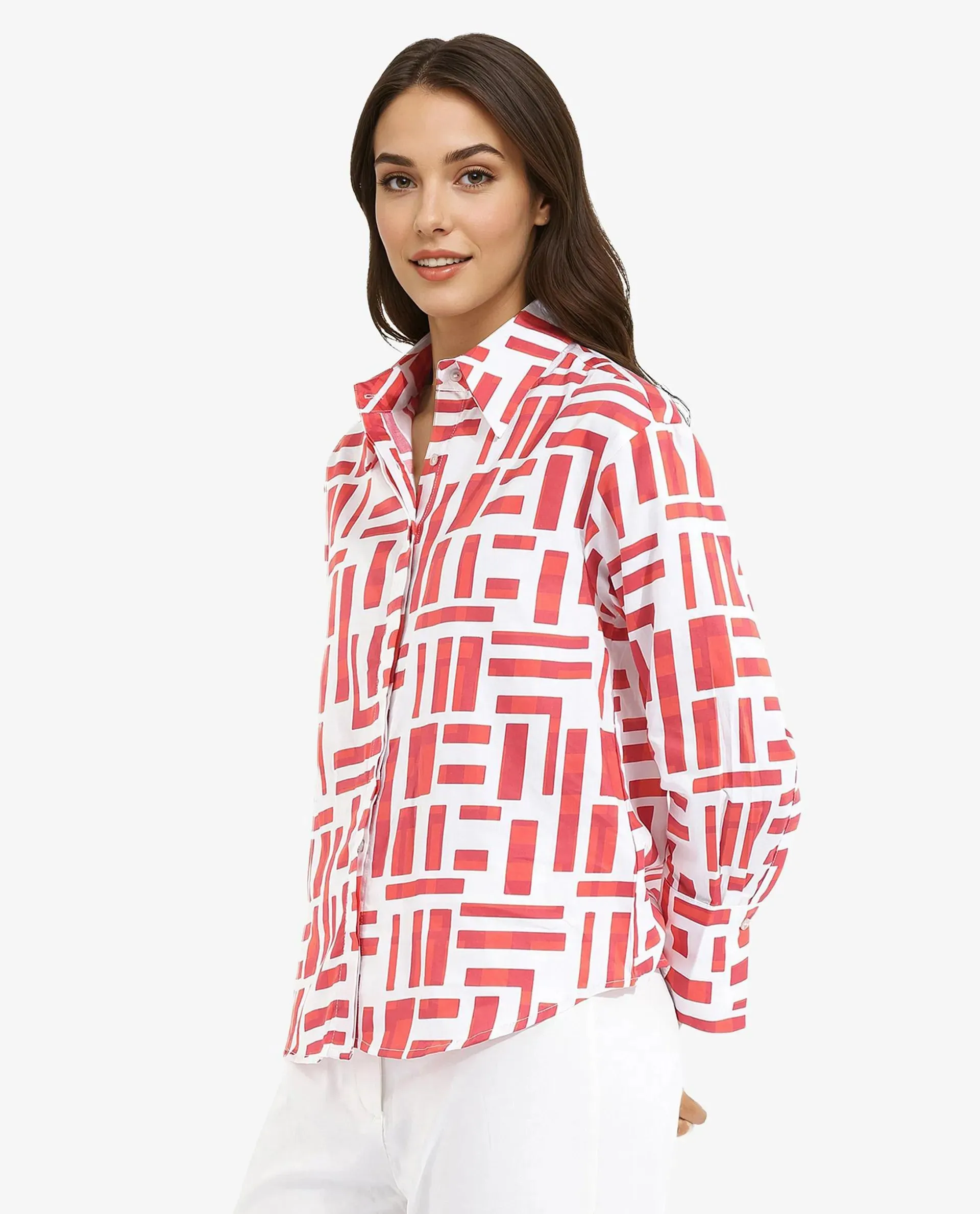 Rareism Women Venice Red Cuffed Sleeve Collared Neck Button Closure Geometric Print Shirt